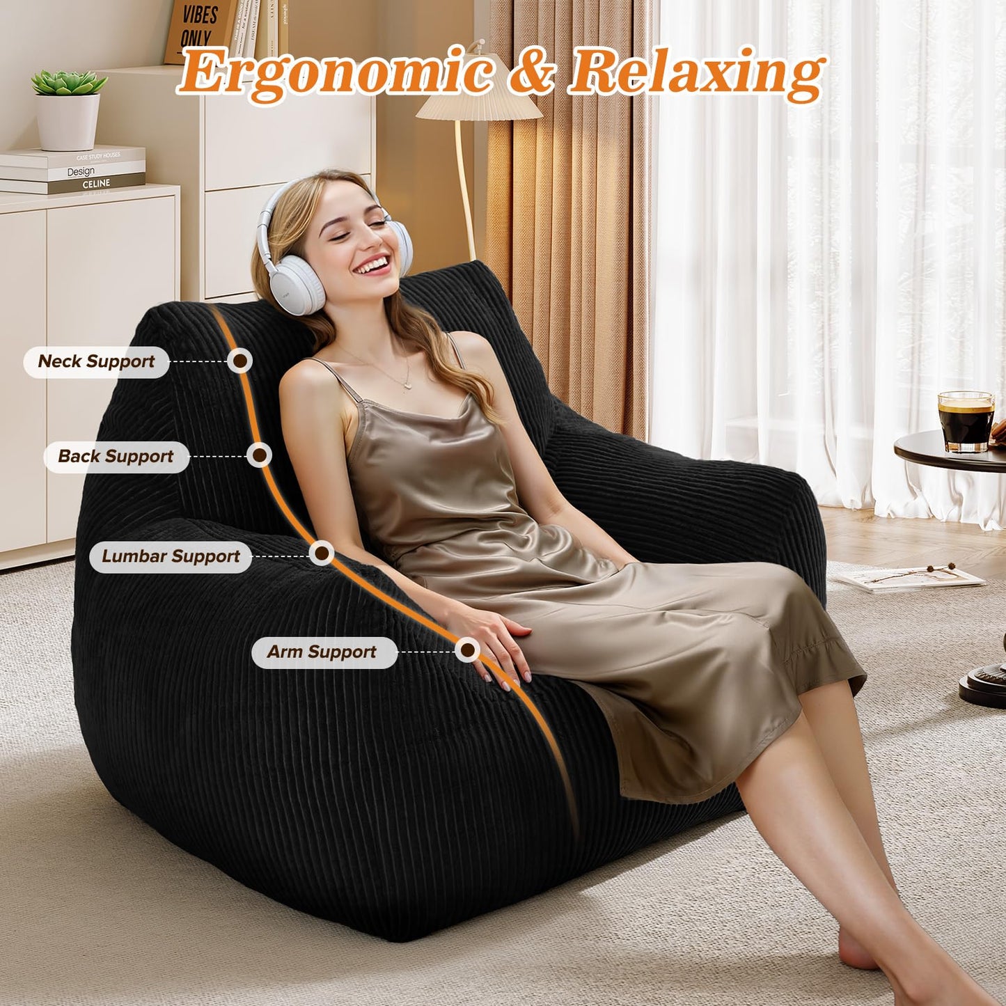 Vellorise Big Bean Bag Chair for Adults, Ultra Soft Living Room Bean Bag with Armrests, Stuffed BeanBag Chair for Napping, Gaming, Vacuum-Compressed for Easy Gifting, 48 Hours to Fluffs Up, Black