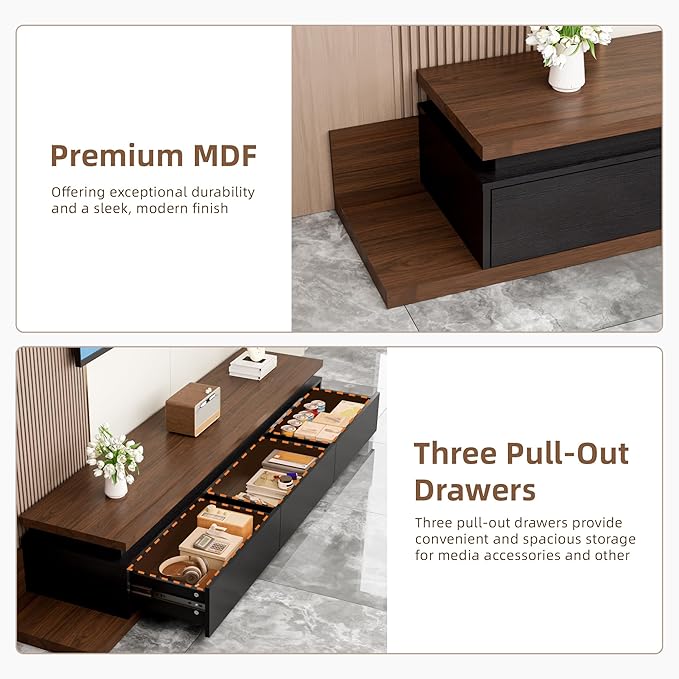 Extendable TV Stand with LED Lights, Modern TV Console with 3 Drawers, Wooden