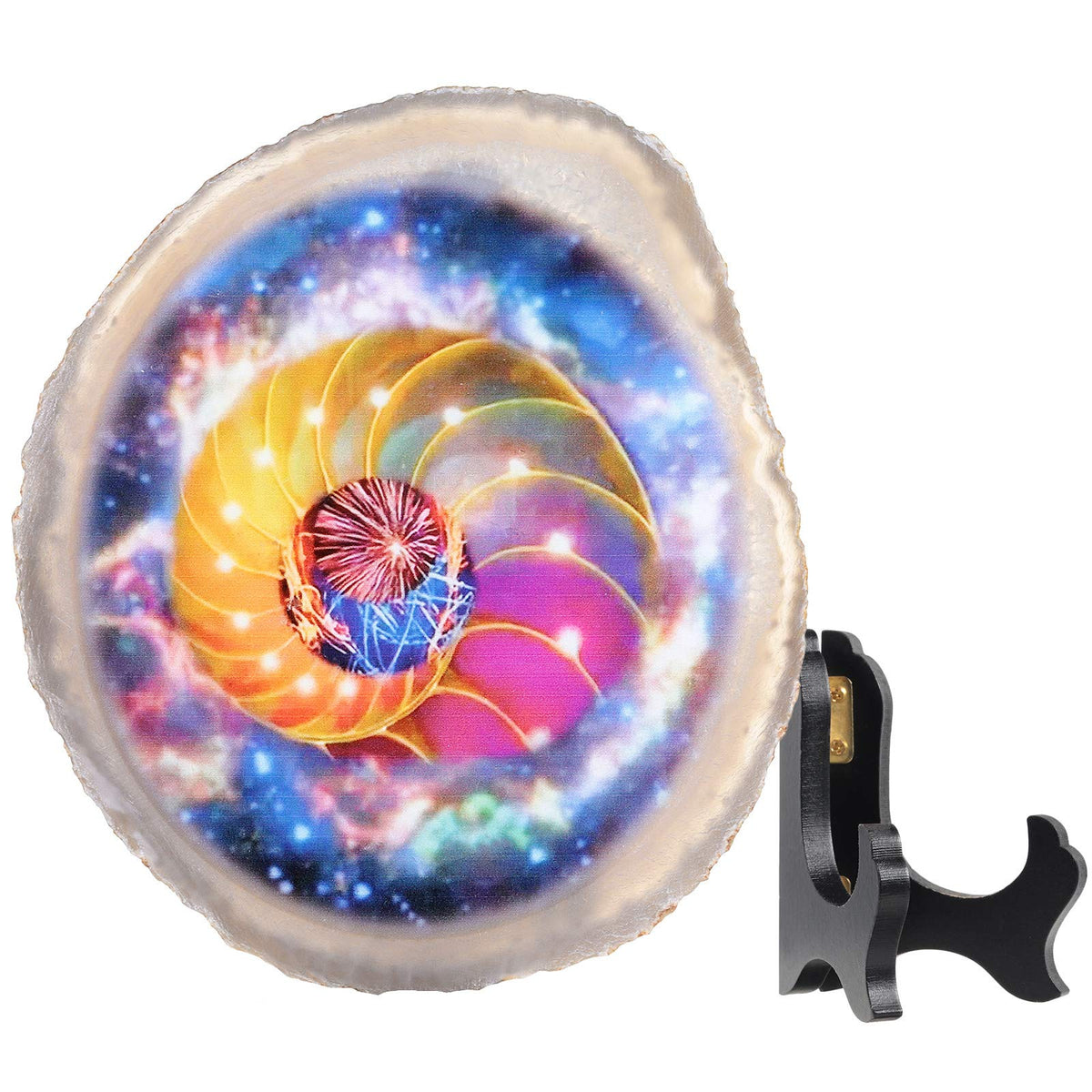 Rockcloud Colorful Space Agate Slab Display with Wooden Stand Irregular Shape Agate Slice Stone Home Office Desk Ornament, 3.9"-4.7"
