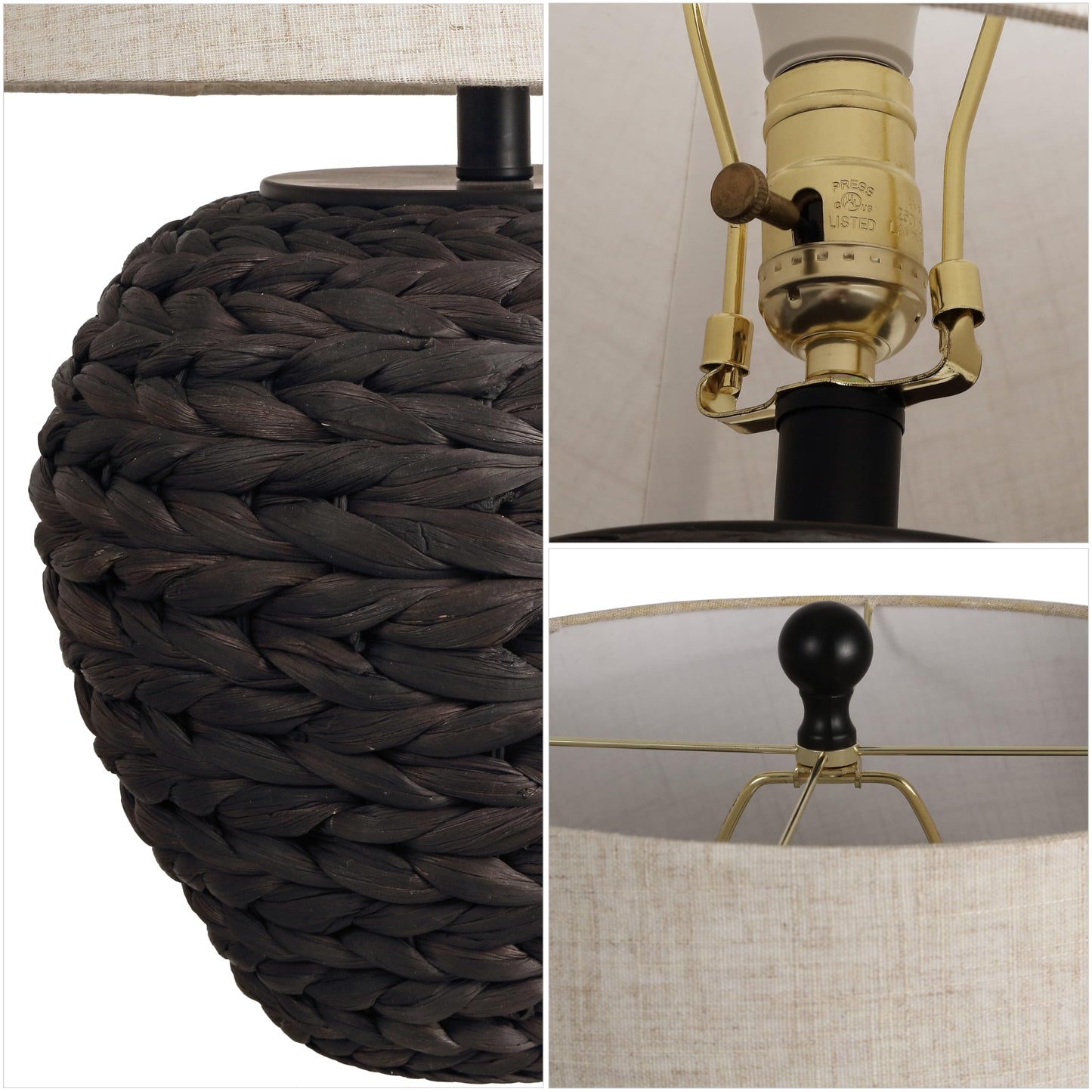 JONATHAN Y 24.5" Black Water Hyacinth Farmhouse Basket Table Lamp, Coastal Decor for Living Room Bedroom Nightstand, Light Gray Linen Shade, LED Bulb Included (JYL6501D)