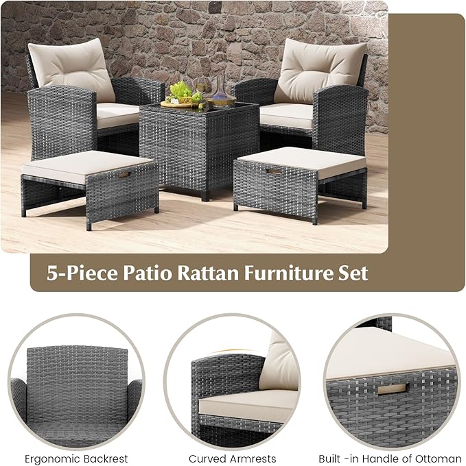 Tangkula 5 Pieces Patio Conversation Set, PE Wicker Rattan Outdoor Furniture Set