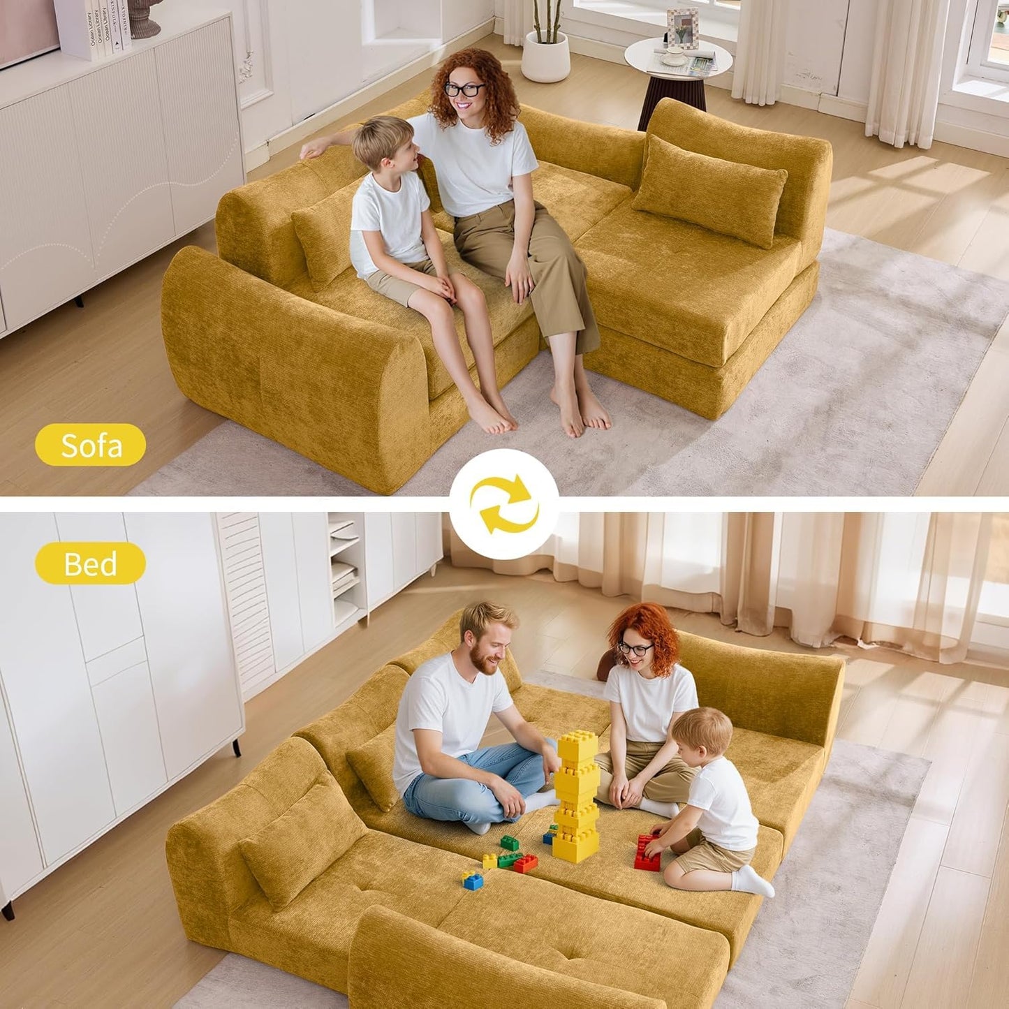 102" Modular Sectional Boneless Couch for Living Room, Convertible Cloud Sofa Bed Couches with Upholstered Deep Seat, No Assembly Needed, Ideal for Small Space Apartment Playroom Bedroom Yellow