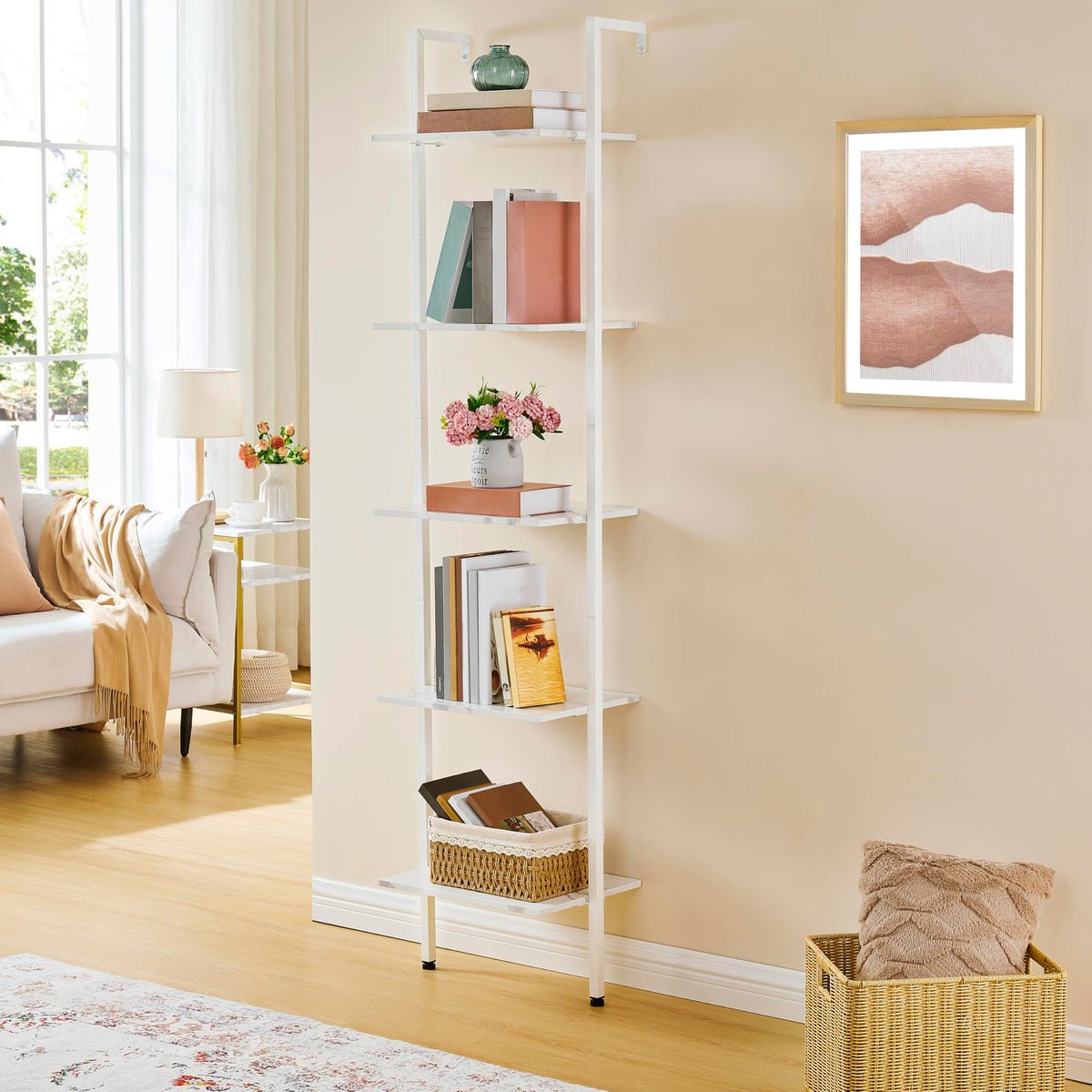 Tajsoon Ladder Shelf, White 5-Tier Wood Wall Mounted Bookcase with Metal Frame, Modern Open Display Rack, Storage Shelves for Bedroom, Home Office, Living Room