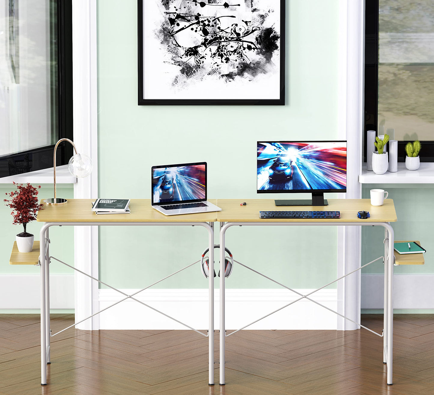 SHW Small Gaming Home Office Computer Desk with Shelf, Oak