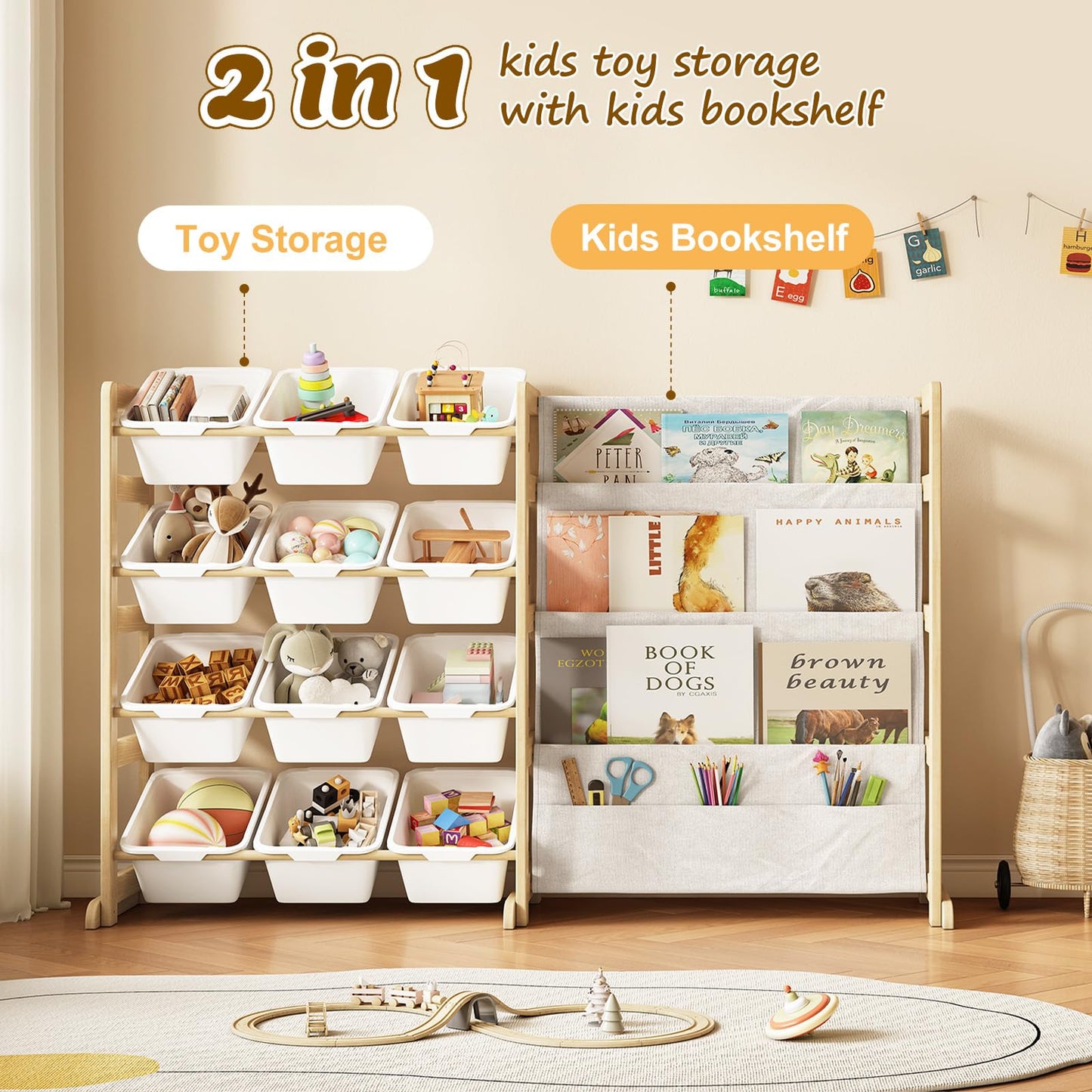 EXPERLAM Toy Storage Organizer with Bookshelf, Kids Toy Organizer and Storage Shelf with 12 White Bins, Solid Pine Wood Book Rack for Playroom, Nursery, Kids Room, Toys and Books