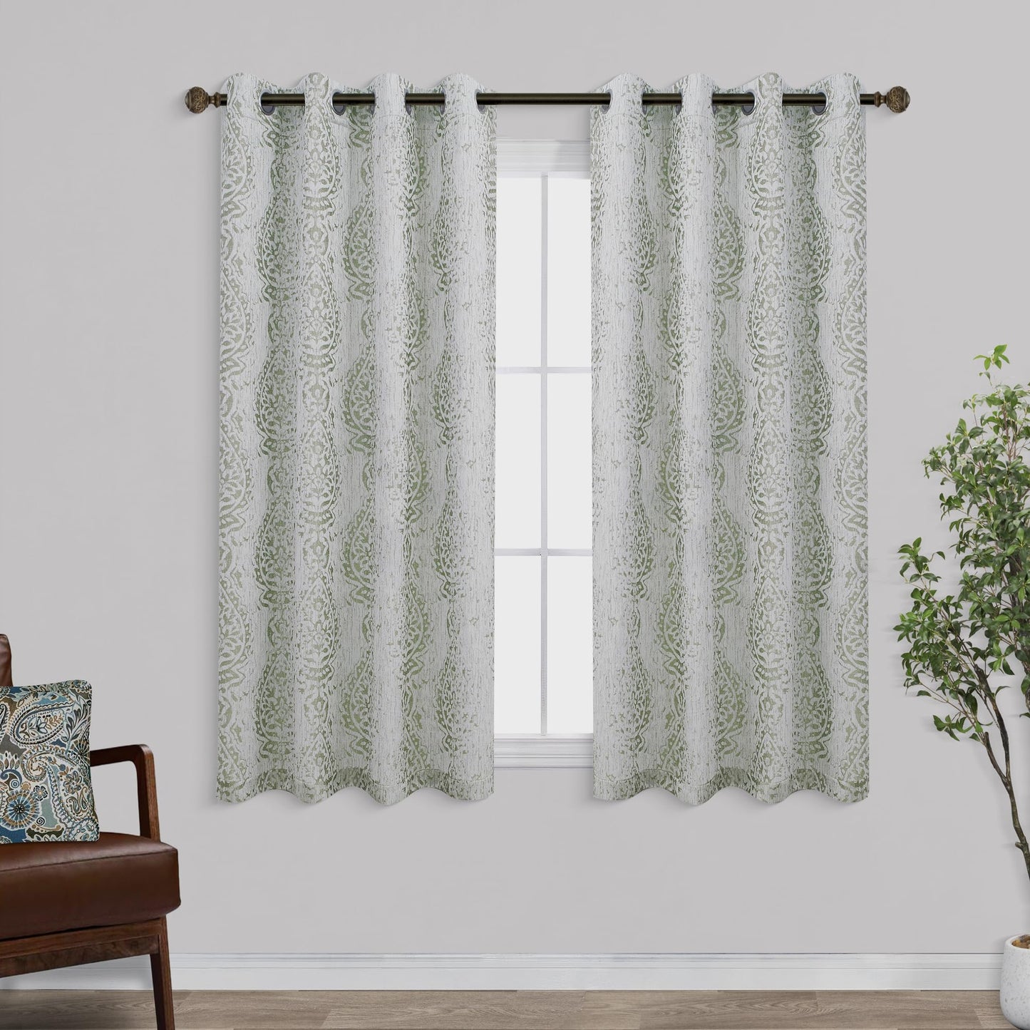 Mrs.Naturall Sage Green 52x45 Inch Curtains Medallion Pattern Room Darkening Window for Kitchen Bedroom