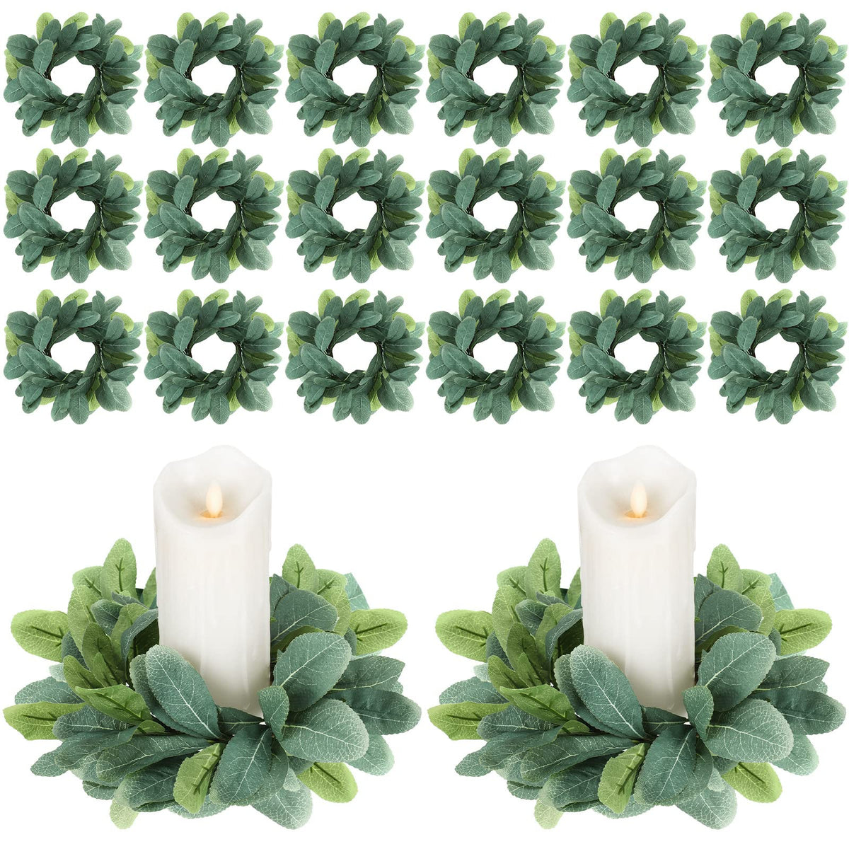 Panelee 20 Pcs Candle Rings Artificial Eucalyptus Candle Wreath Rings Greenery Leaves Boho Candles Garland Pillar for Wedding(Cute Leaf Style)