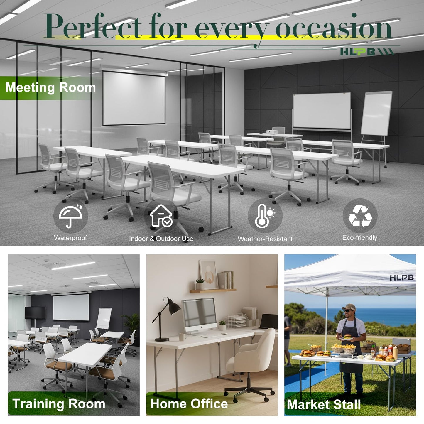 HLPB 6 FT Narrow Folding Table, Tabletop Fold-in-Half, Thickened HDPE Material and Thicker Metal Frame, Foldable with Handle & Safety Locks, Perfect for Meeting, Party, White