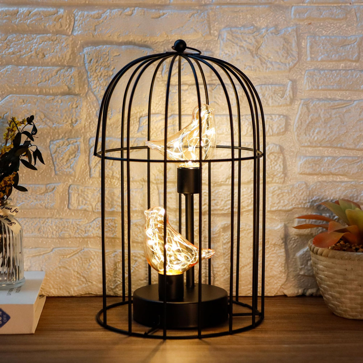 JHY DESIGN Birdcage Decorative Lamp Battery Operated 12" H Cordless Table Lamp with Warm White Fairy Lights Bird Bulb for Indoor Bedroom Living Room Home Wedding Xmas(Black)