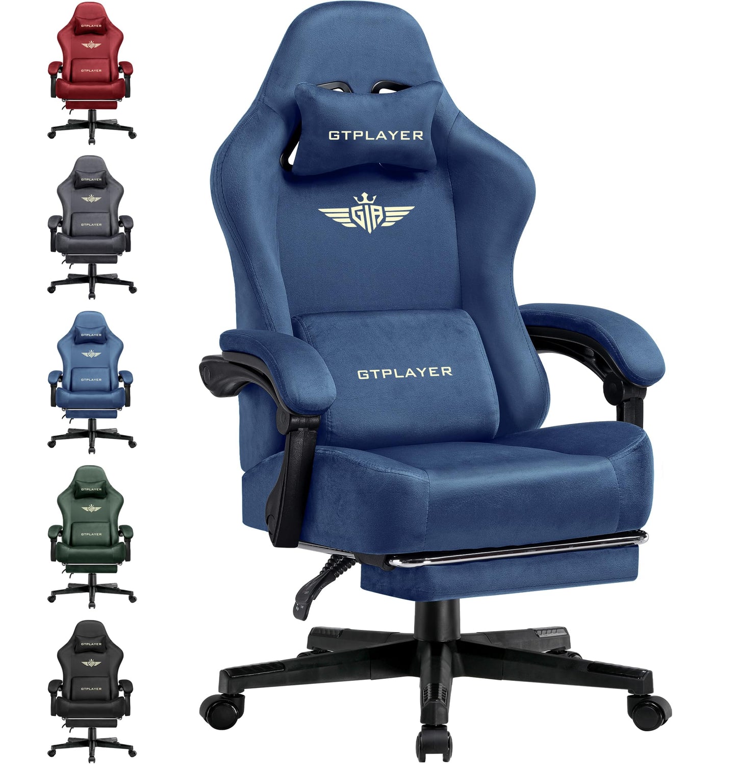 GTPLAYER Gaming Chair Fabric with Pocket Spring Cushion, Big and Tall Gamings Chairs 350LBS High Back Computer Chair with Footrest for Adults Lumbar Support Swivel Game Chair for Office Gaming Blue