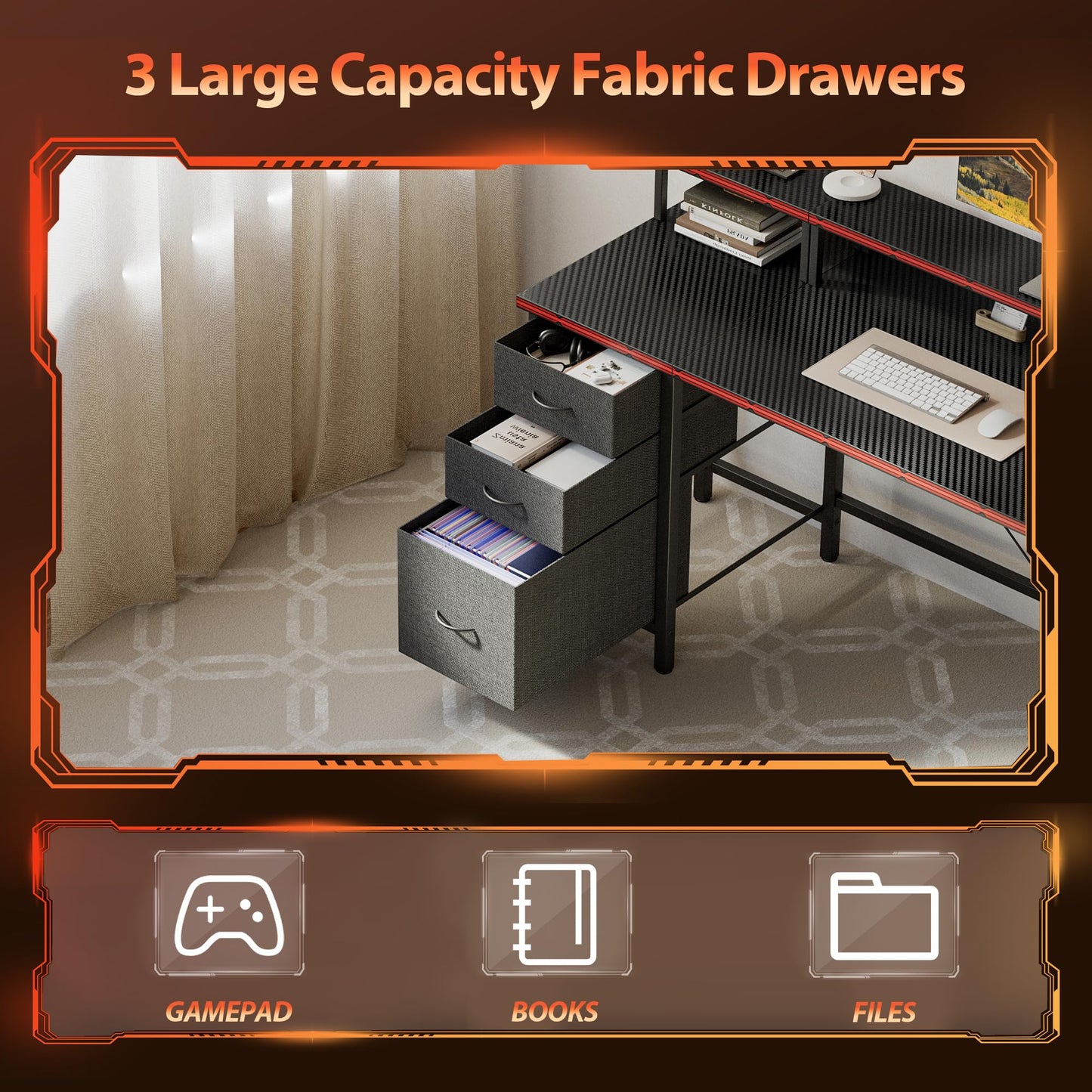 Mericonia 63 inch Computer Desk with Storage Drawers & Monitor Stand, Reversible Gaming Desk with LED Lights & Power Outlets, Large Gaming Table for Home Office
