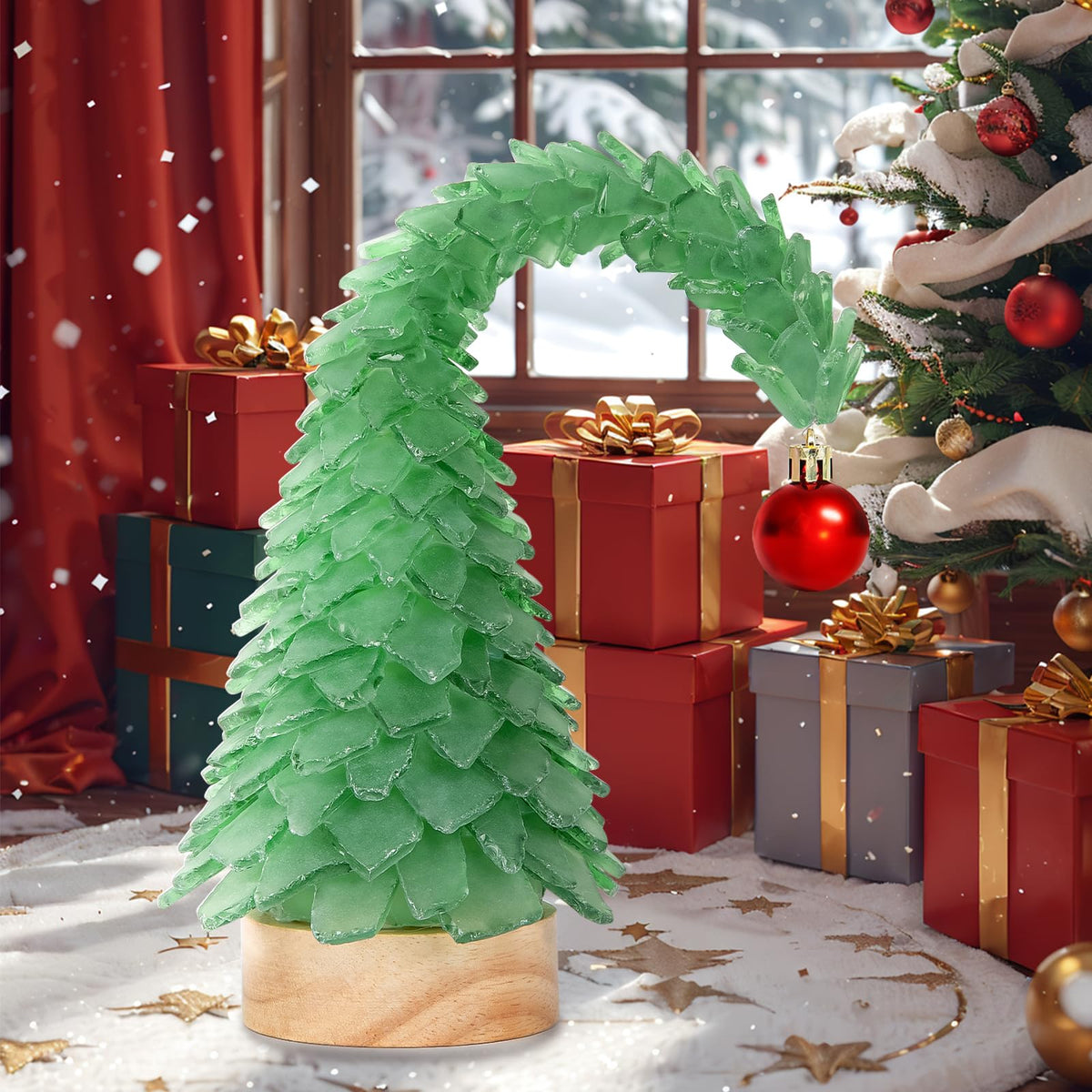 Crooked Sea Glass Christmas Tree with LED Lights - Handcrafted Whimsical Mini Green Christmas Tree, Ideal for Christmas, New Year, Coastal Holiday Decor & Gifts, Versatile Home Decor