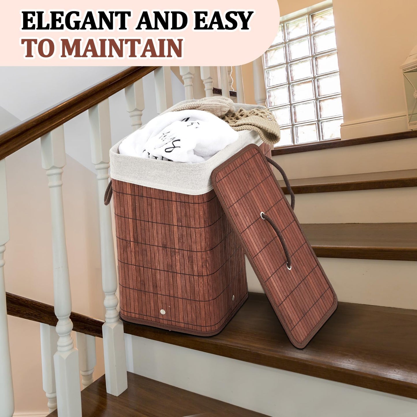 GlikCeil 2 Stair Basket with Lid and Handles, Foldable Staircase Baskets for Carpeted and Wooden Stairs, Bamboo Step Storage Organizer for Toys Clothes Books (Brown)