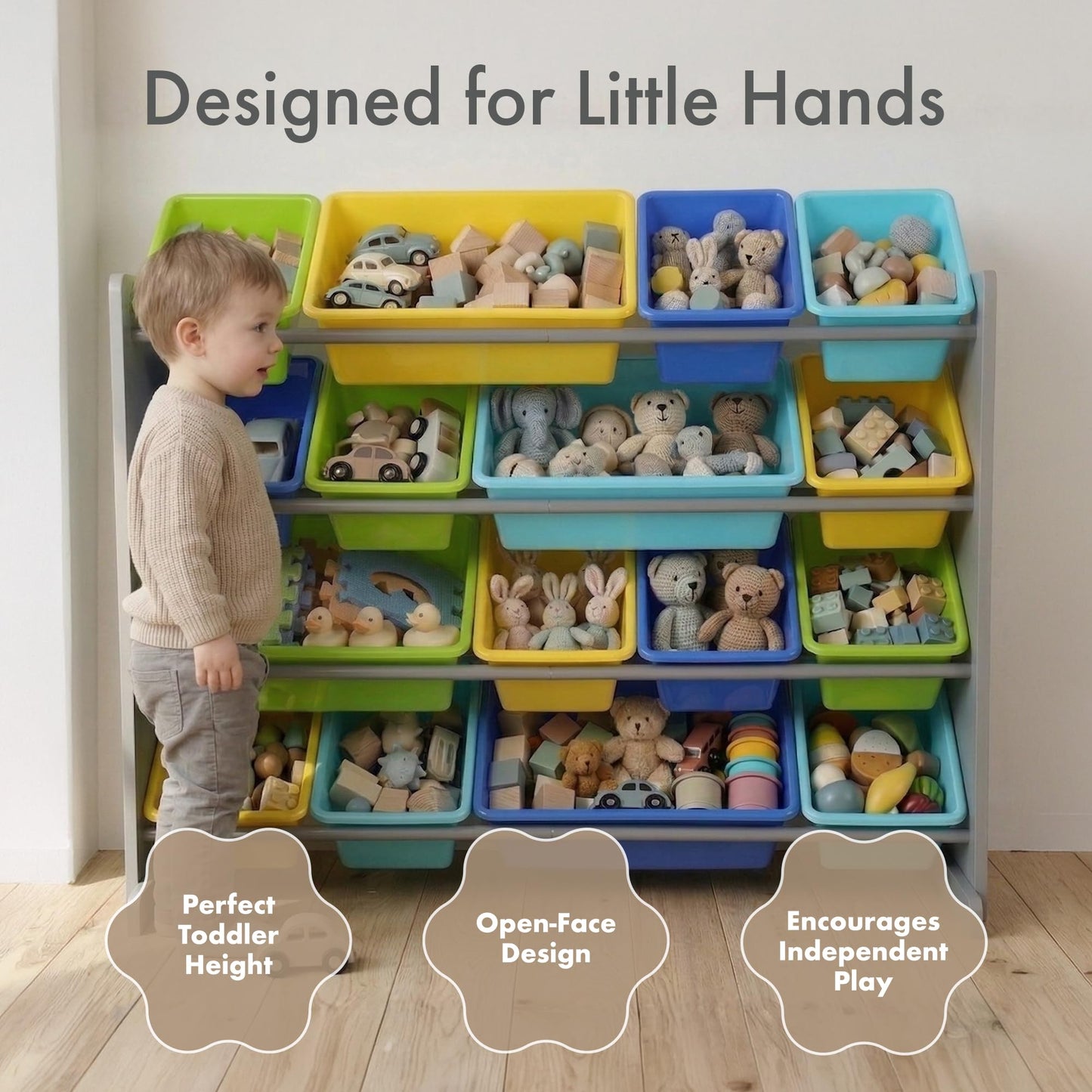 Humble Crew Toy Storage Organizer with 16 Removable Storage Bins for Kids Playroom, 4-Tier Toddler Toy Organization and Storage, Grey/Blue/Green/Yellow
