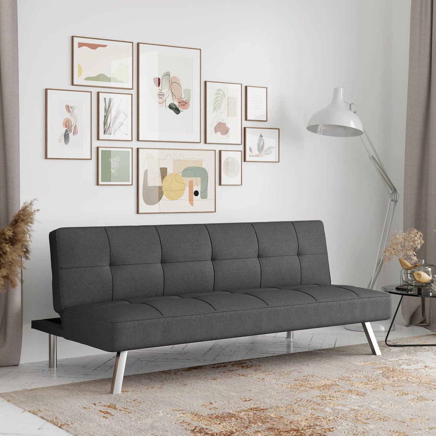 Serta® Rane Futon Sofa Bed 66.1", 3-in-1 Convertible Couch Sleeper for Small Spaces, Tufted Back, Twin Size Guest Bed, Chracoal Woven Fabric