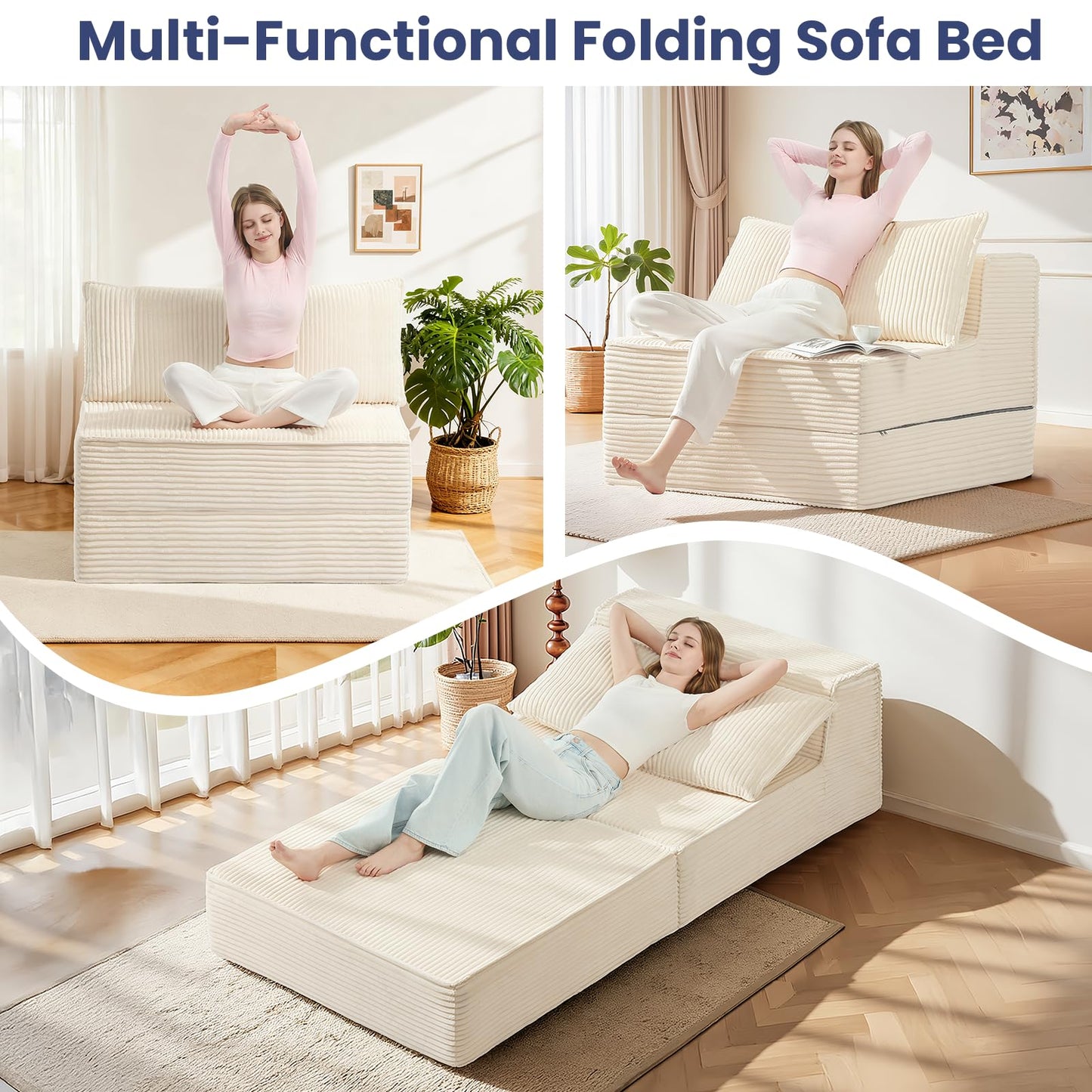 NLDD Convertible Sofa Bed, Fold Out Loveseat Sleeper Sofa Chair with Pillow, Folding Sofa Bed with Back Support, Portable Chair Bed Comfy Floor Lounge Sofa for Living Room Bedroom Guest Room, Beige