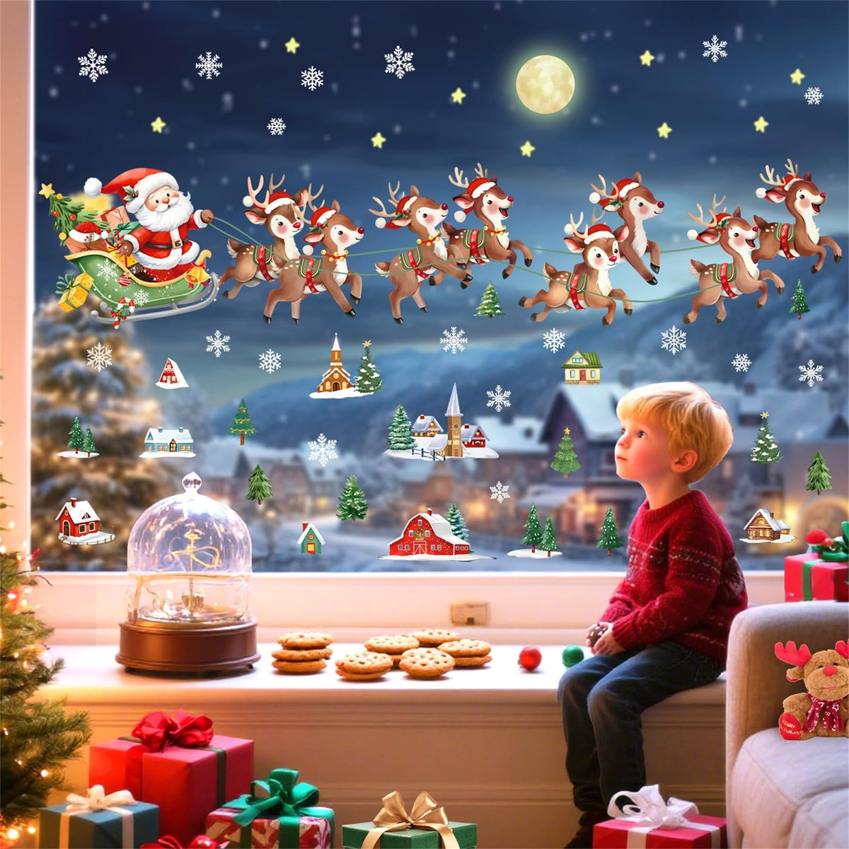 decalmile Christmas Santa Claus Reindeer Window Wall Decals Winter Xmas Tree Wall Stickers Snowflake House Window Clings Christmas Party Window Showcase Door Decorations