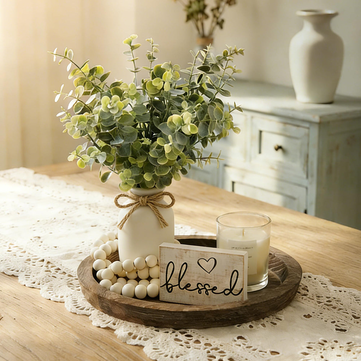 ZENLIV Rustic Modern Farmhouse Decor Set of 6 for Your Living Room, Kitchen Counter, Home or Table Centerpieces Room Decor, Wood Round Decorative Tray Gifts for Women Men