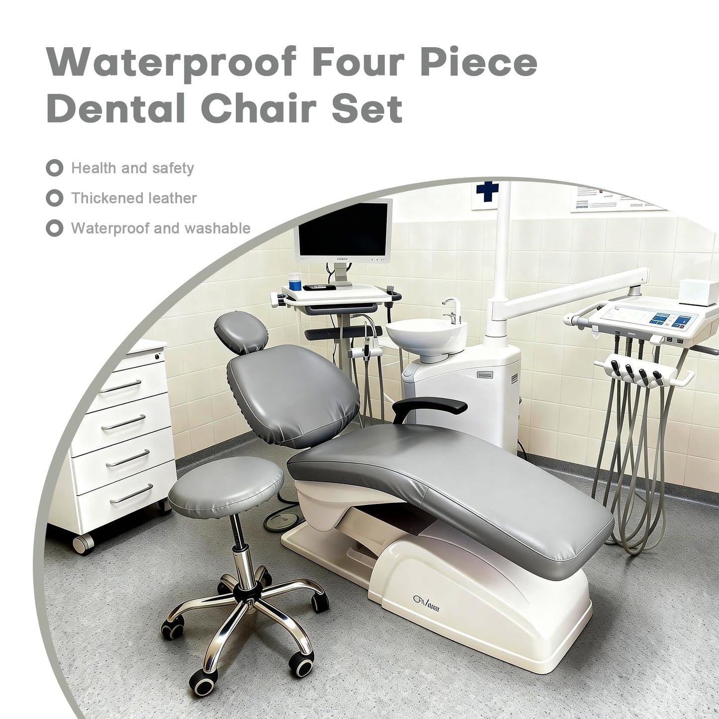 buyzg 5Pcs Dental Chair Covers Set - Waterproof & Non-Slip PU Leather Elastic Full Covers with Foot, Seat, Headrest & Backrest Protectors for Dental Clinic Chairs(Gray)