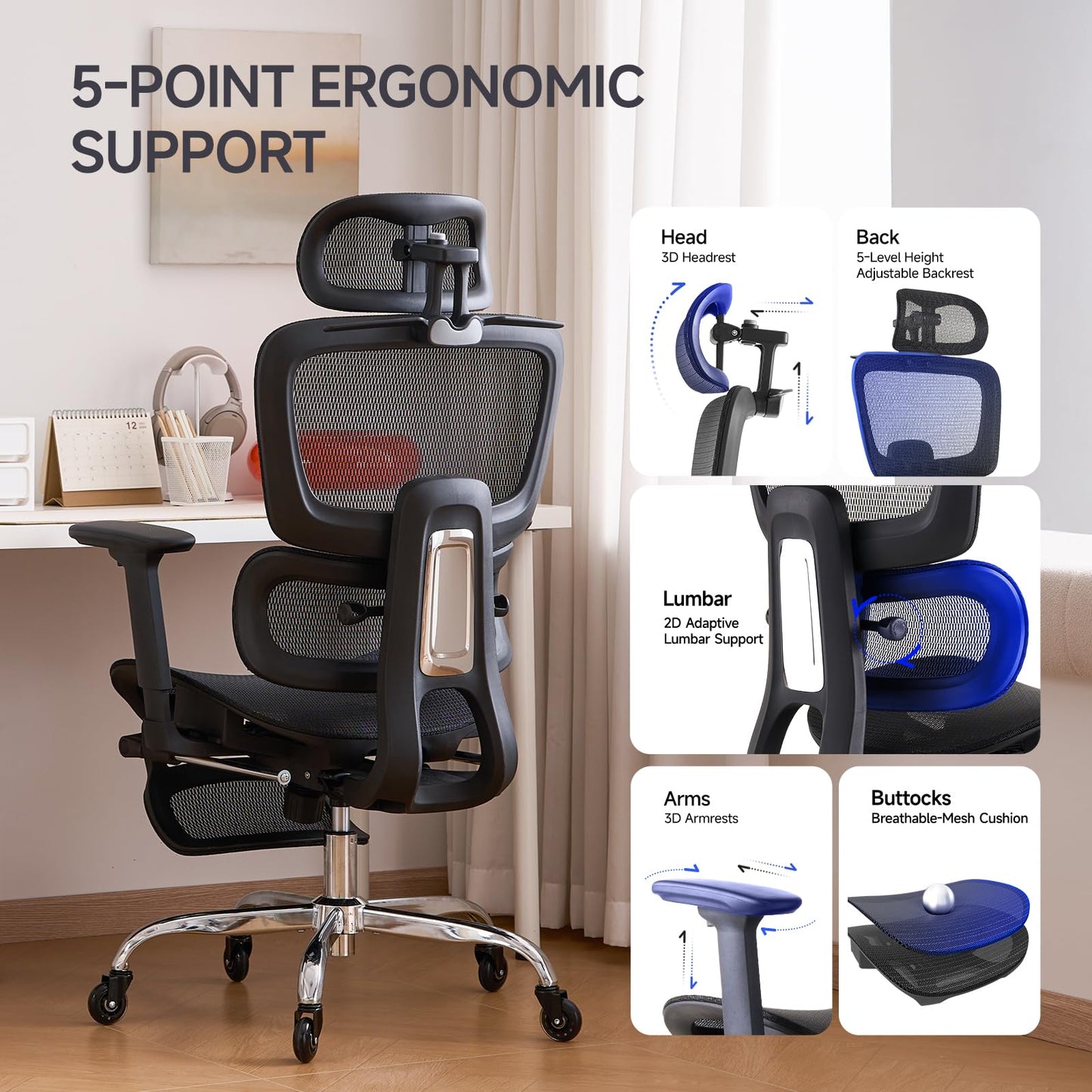 LarkLeaves Office Chair with Footrest, Ergonomic Chair with Neck Pillow & Rubber Wheels, Computer Chair with Adjustable Backrest & 3D Armrests Headrest, Gaming Chair Adaptive Lumbar Support, Black