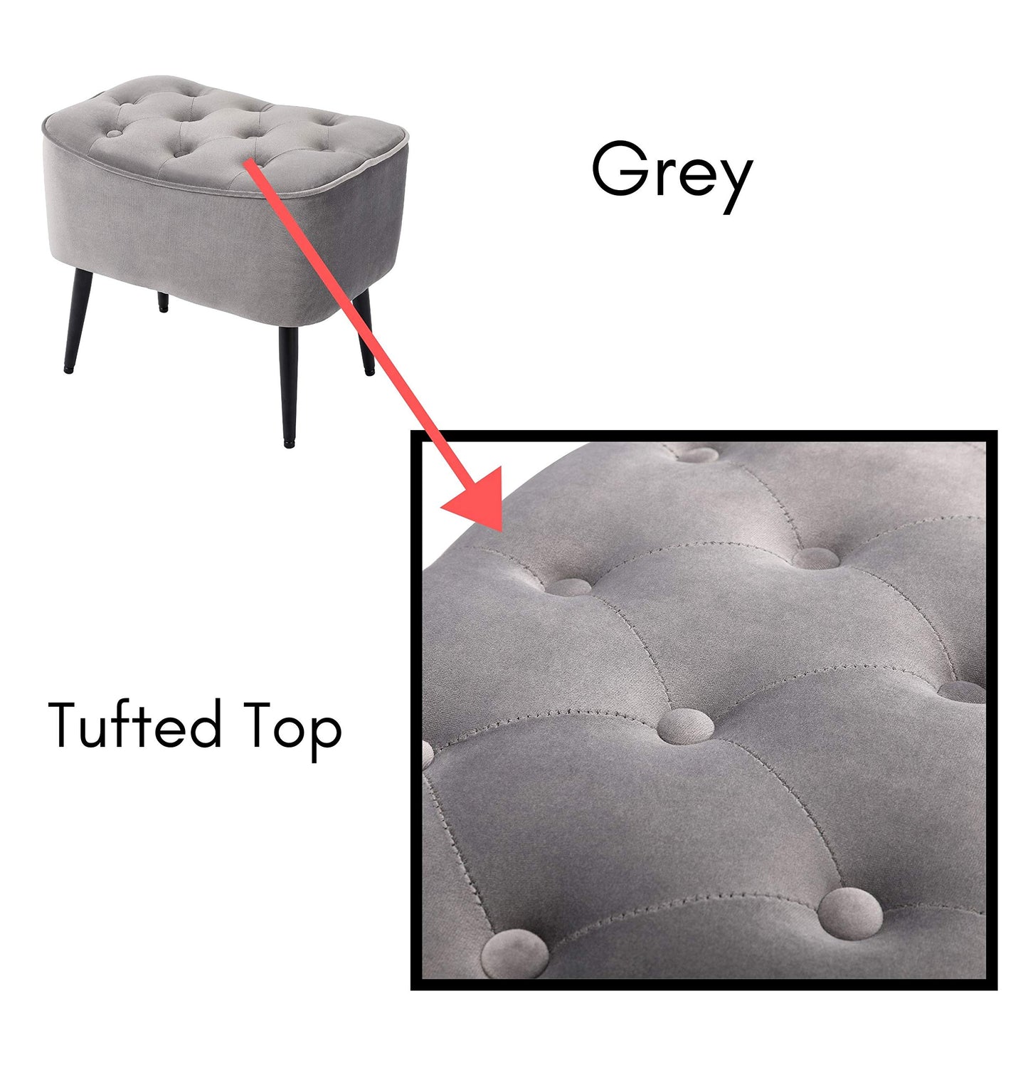 BIRDROCK HOME Tufted Curve Ottoman Velvet Foot Stool - Modern Upholstered Padded Footrest for Living Room or Bedroom - Small Cushioned Accent Chair for Couch, Sofa, or Large Seating (Grey)