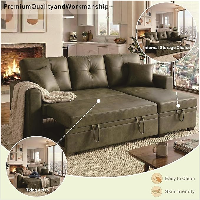 L Shaped Sectional Couch with Storage and Pull Out Bed, 3 Seater Sleeper Sofas