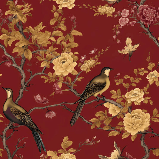 Yenhome Luxury Retro Chinoiserie Wallpaper Vintage Red and Gold Bird & Peony Floral Peel and Stick Wallpaper 17.5"X10ft Oriental Aesthetic Traditional Burgundy Floral Wall Covering for Bedroom Cabinet