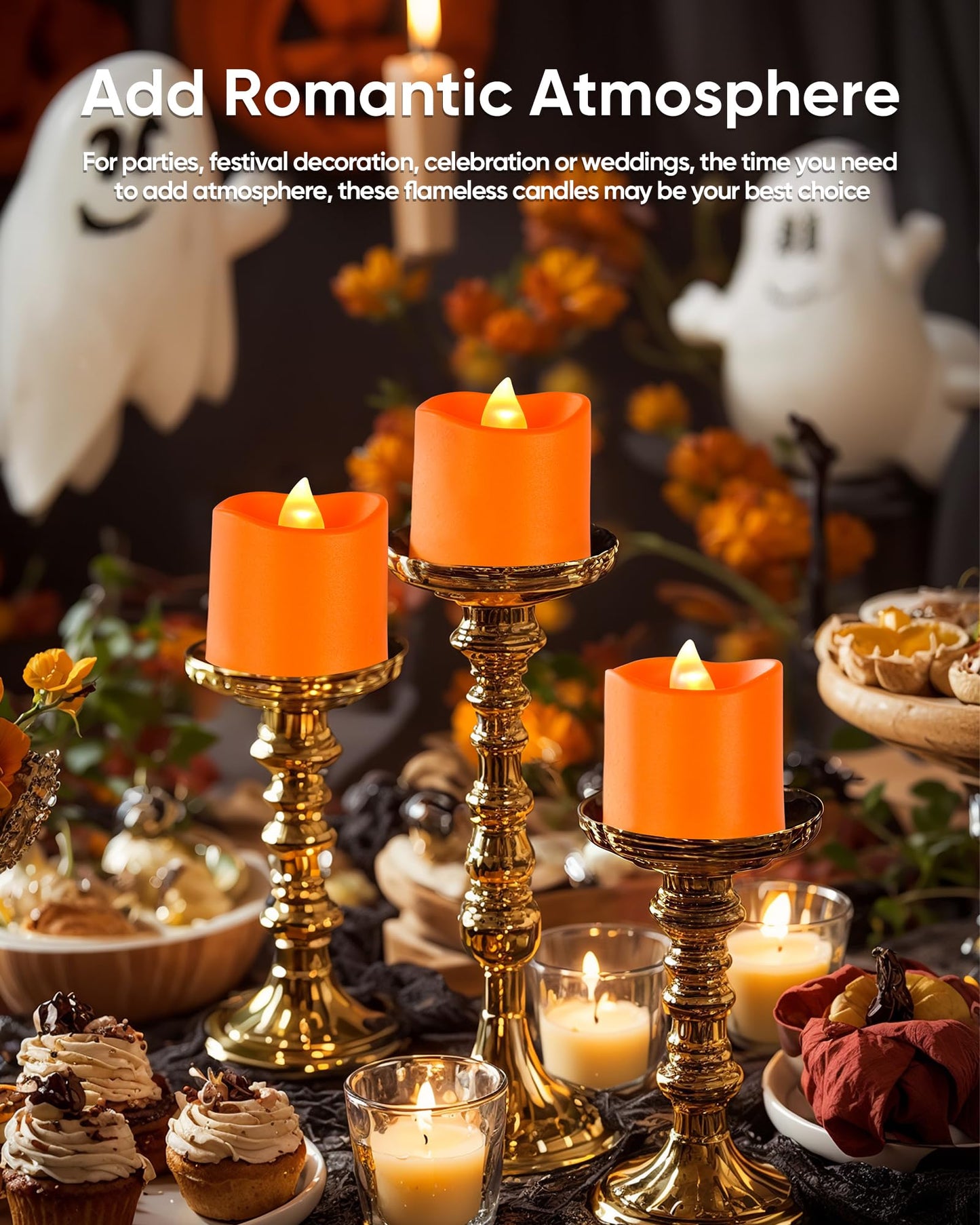 Homemory 12Pack 400+Hour Remote Control Flameless Candles, 2/4/6/8H Timer Led Votive Candles, Battery Operated Tea Lights for Wedding Table Centerpiece, Holidays, Halloween Pumpkins-Orange
