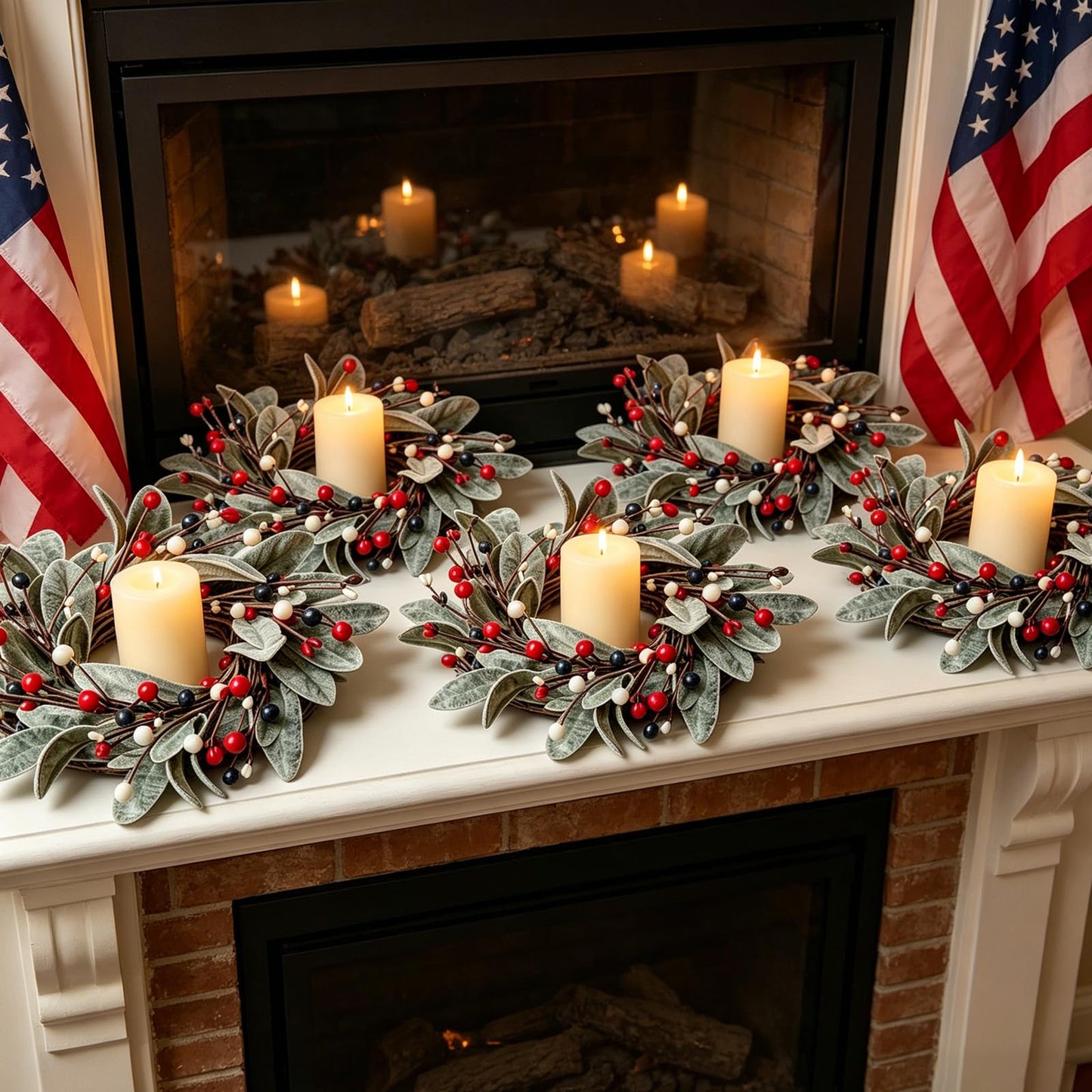 4 PCS Patriotic 4th of July Candle Rings Wreaths Independence Day Candle Rings Holder with Red White Blue Berries & Lamb's Leaves Mini Memorial Day Labor Day Wreath for Home Table Centerpiece Decor