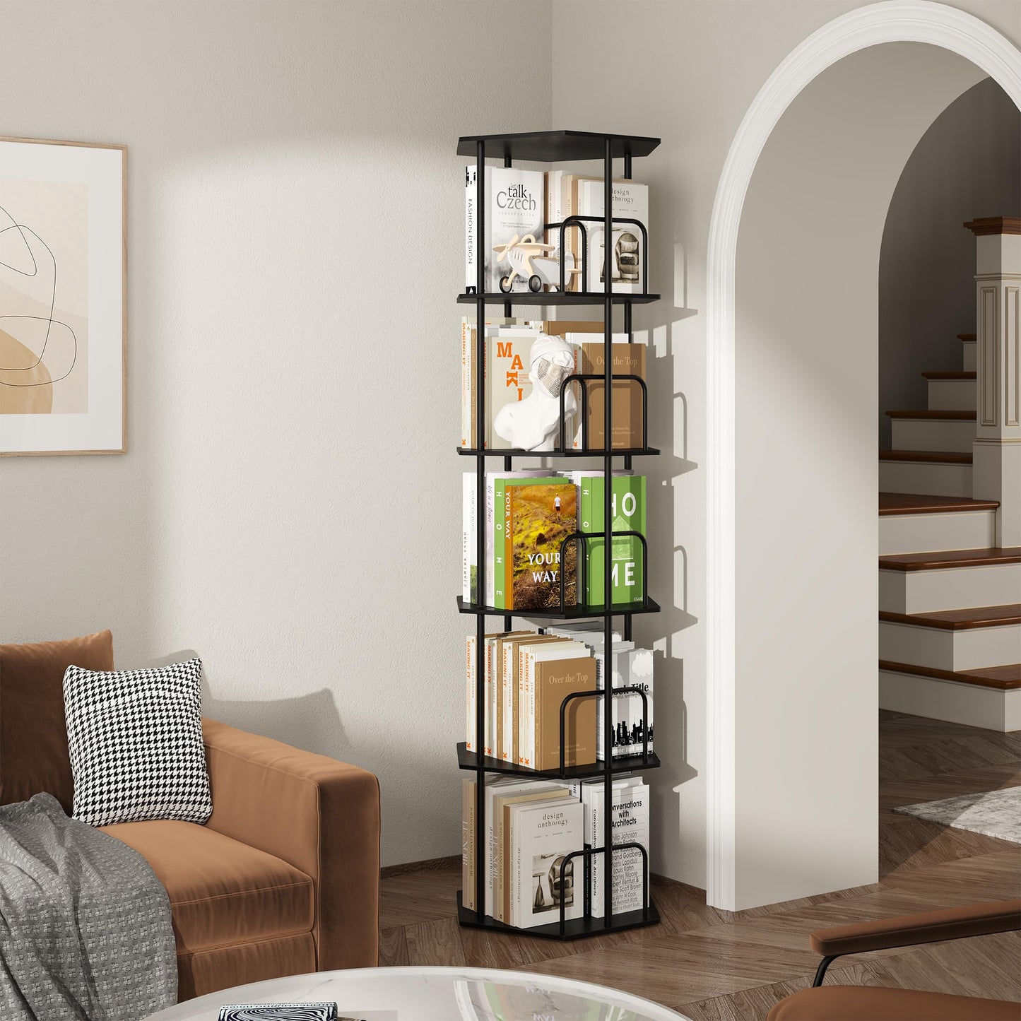 SUNMORY 5 Tier Rotating Bookshelf Tower, Revolving 360 ° Spinning Bookcase, Hexagonal Corner Book Shelf Storage Carousel, Vertical Rotate Turning Organizer Book Shelves for Living Room Office Bedroom