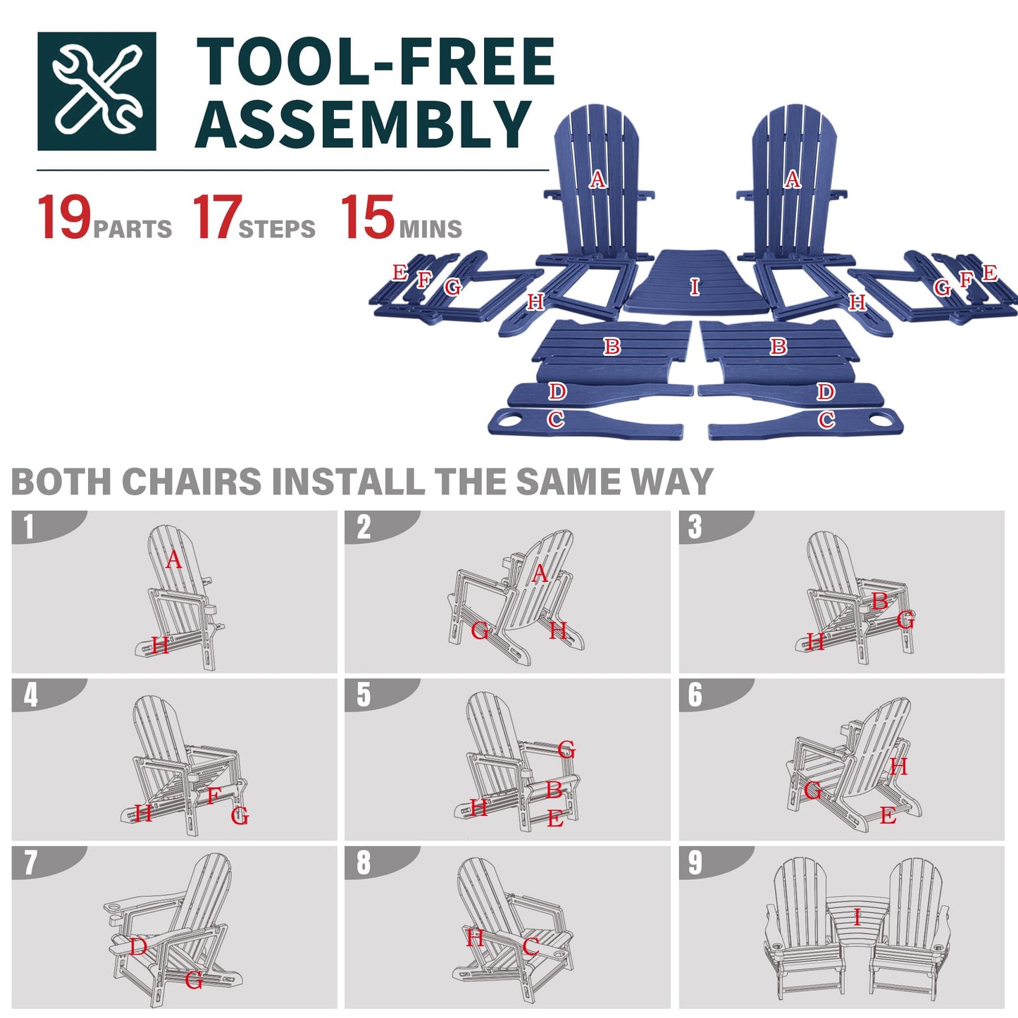 Adirondack Chairs Set of 2 Tool-Free Assembly,Removable Tabletop Tray,No Screws Needed,All-Weather HDPE Outdoor Patio Furniture Set with Cup Holders,Outdoor Lawn Chair for Patio Garden(Navy Blue)