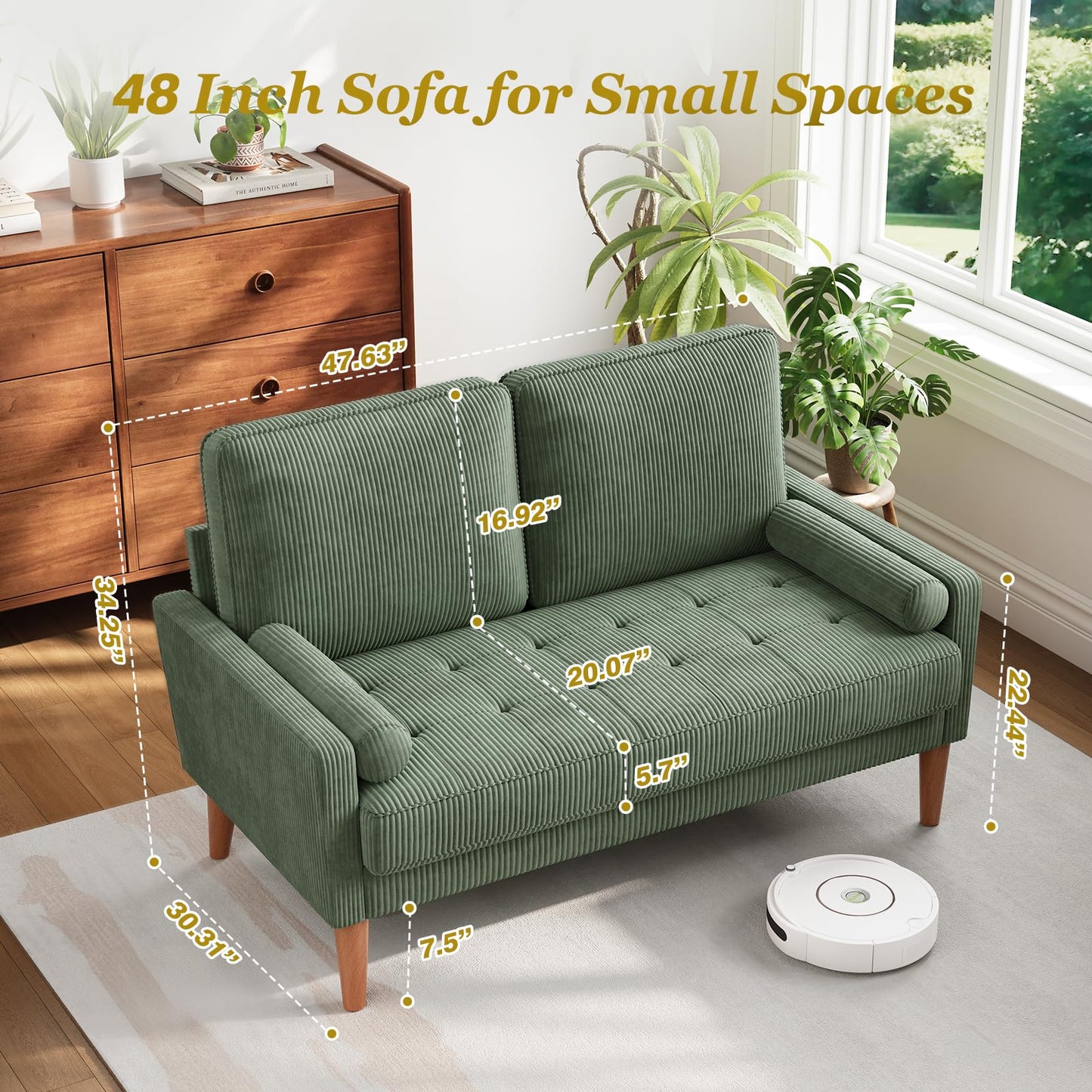 Vesgantti Loveseat Sofa with Solid Wood Legs,48" Small Corduroy Couches for Small Spaces, Mid Century Modern Love Seat for Living Room, Bedroom, Easy Assembly with Throw Pillow, Green