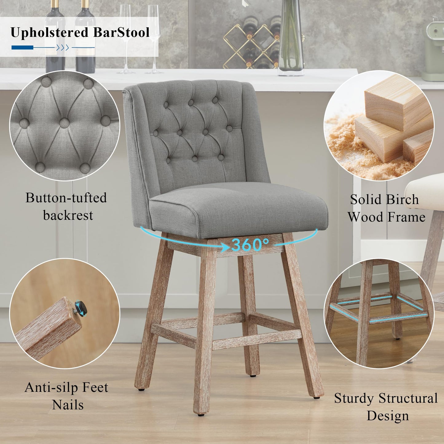 UDAX 26" Swivel Bar Stools Set of 4, Counter Height Barstools with Back, Linen Fabric Upholstered Bar Stools, Modern Barstools Wood Legs for Kitchen Island Dining Room Bar