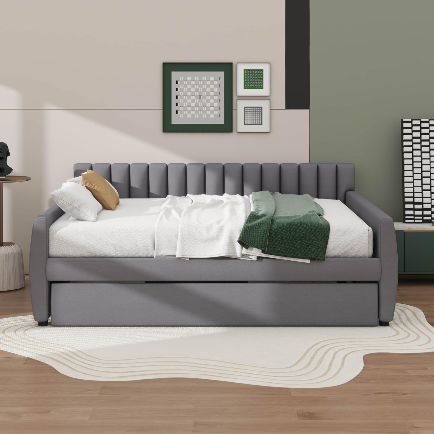 YunNianYang Full Size Upholstered daybed with Trundle and Wood Slat Support (Gray)