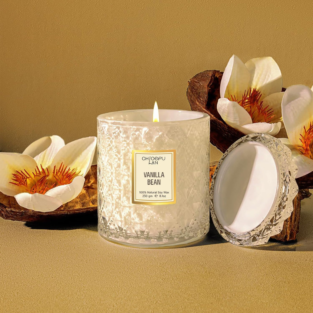 Chloefu LAN Vanilla Bean Highly Fragranced Candle Gifts for Women, Mothers Day Candle Gift, Natural Wax Candle for Home Scented, Up to 55 Hour Burn time - 8.1 Ounce Premium Soy Wax