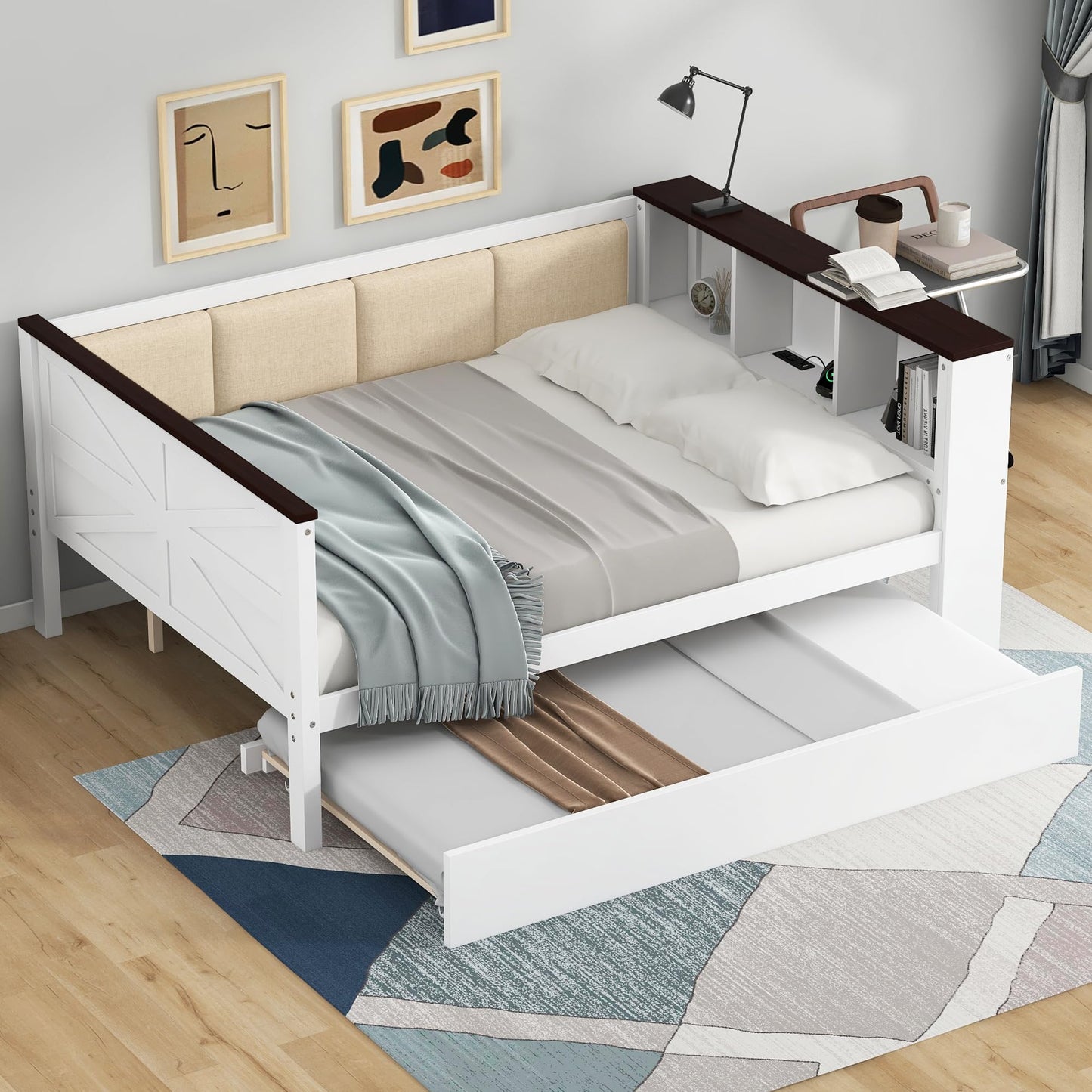 GVCXZBSS Full Size Wood Daybed with Storage Shelves, Upholstered Backrest,USB and Trundle, White