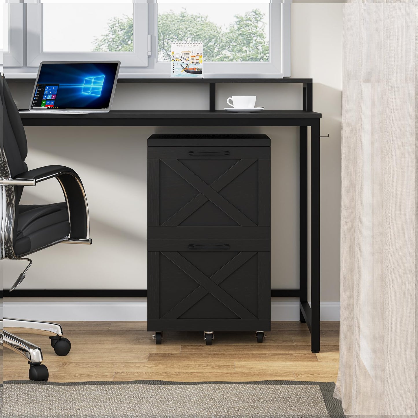 Halitaa 2 Drawer Small File Cabinet with Wheels, Farmhouse Vertical Filing Cabinet Fits A4 or Letter Size, Under Desk Rolling File Cabinets for Home Office, Wooden Printer Stand, Black