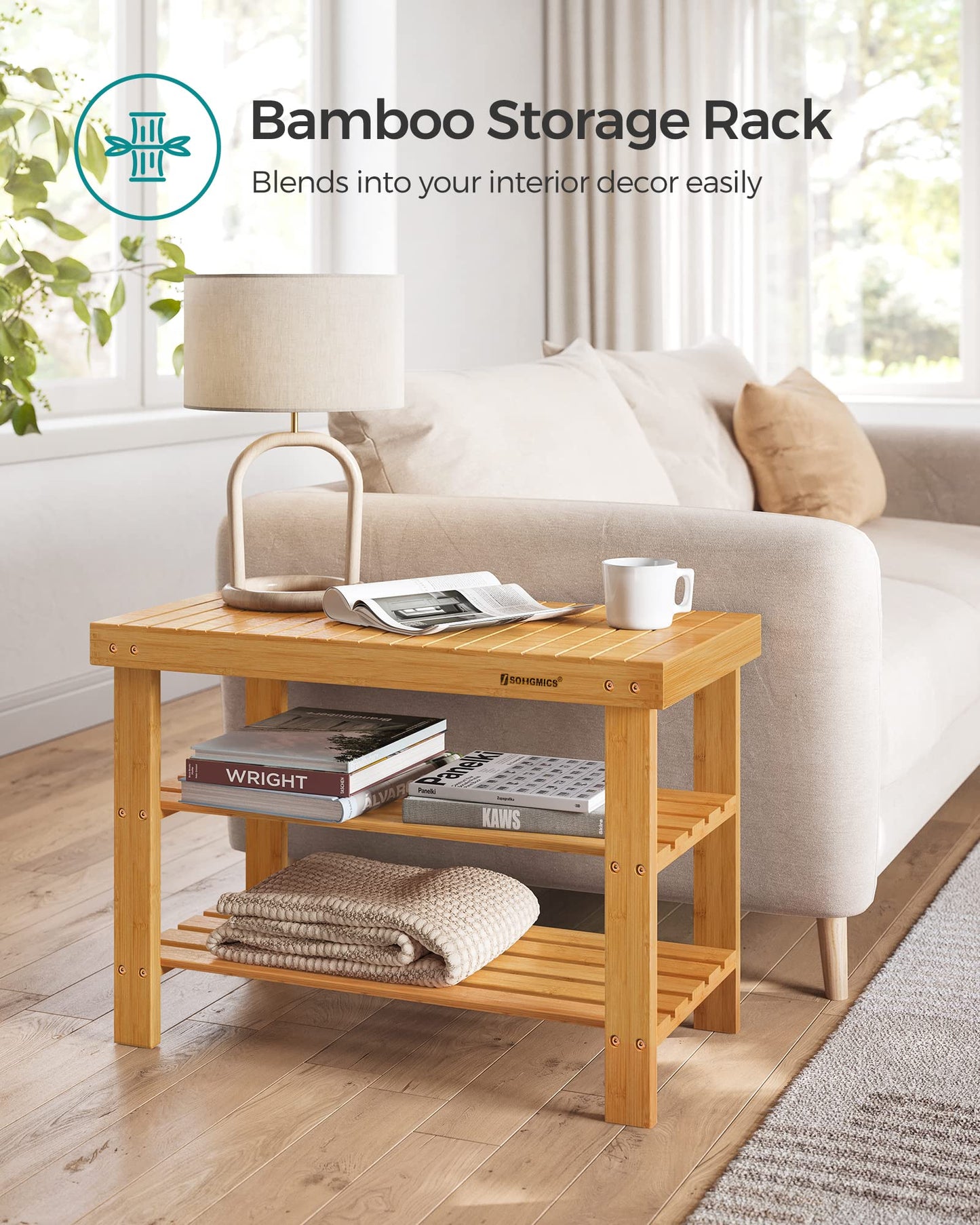 SONGMICS Shoe Rack Bench, 3-Tier Bamboo Shoe Storage Organizer, Entryway Bench, Holds Up to 286 lb, 11.3 x 27.6 x 17.8 Inches, for Entryway Bathroom Bedroom, Natural ULBS04N