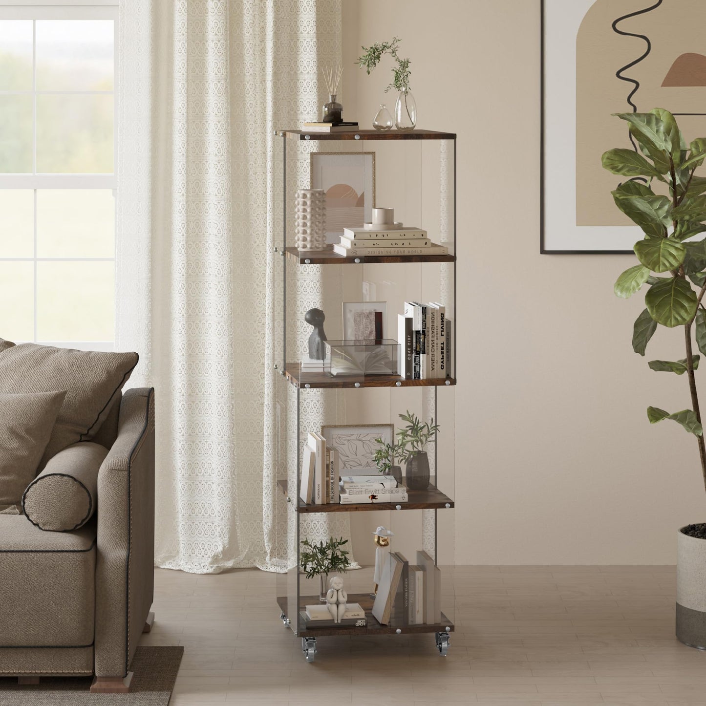 Sttoraboks 4 Tier Display Cabinet, Bookshelf, Bookcase, Display Shelf with Wheels, Floor Standing Curio Cabinet, Book Shelf with Acrylic and Wood, Display Case Trophy Case for Living Room Study