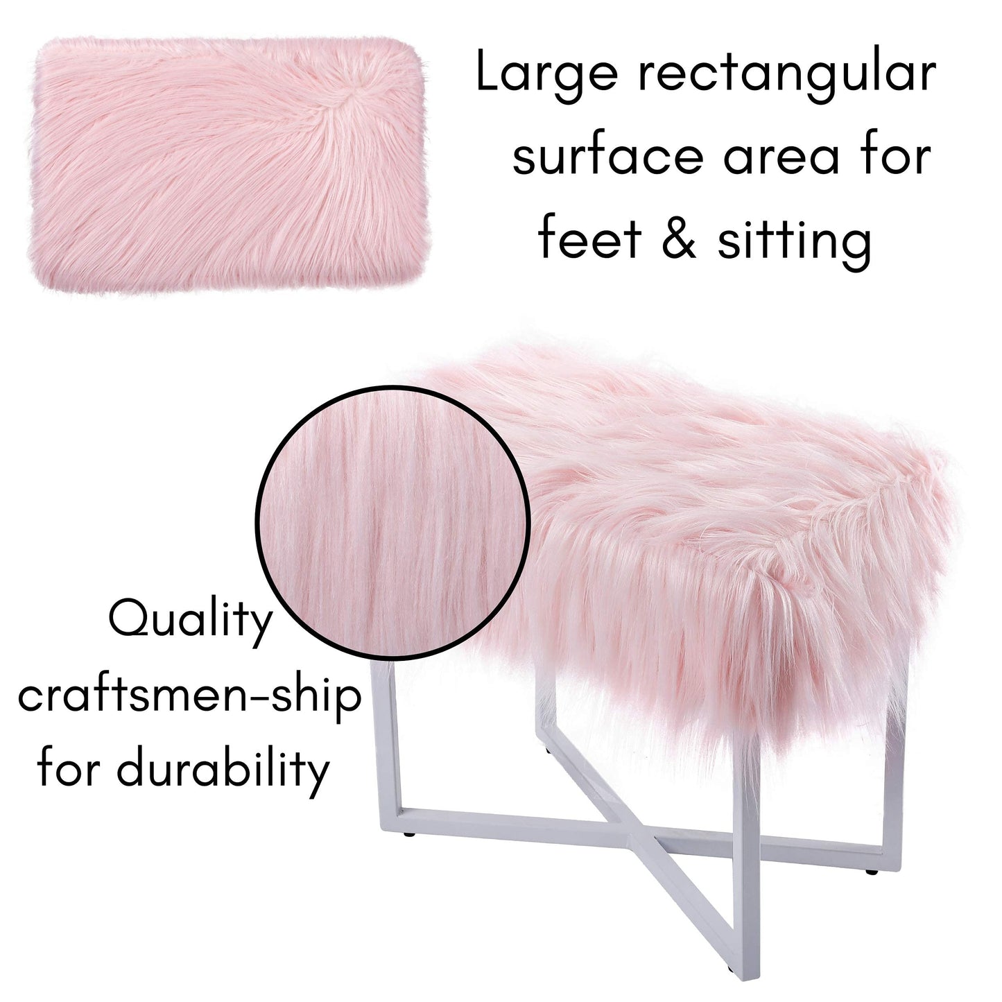 BIRDROCK HOME Rectangular Faux Fur Vanity Foot Stool Ottoman with Metal Legs - Small Soft Padded and Fluffy Makeup Seat or Foot Rest for Bedroom, Desk, or Dressing Table (Pink and White)