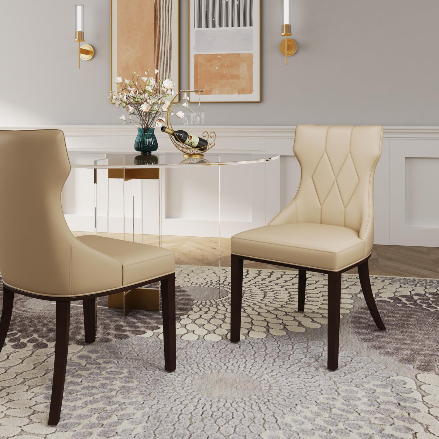 Manhattan Comfort Reine Dining Chairs Set of 2, Upholstered Seats with Diamond Stitching, Solid Beech Wood Frame, 4-Leg Base, 18.5" Seat Height, Fully Assembled, Cream