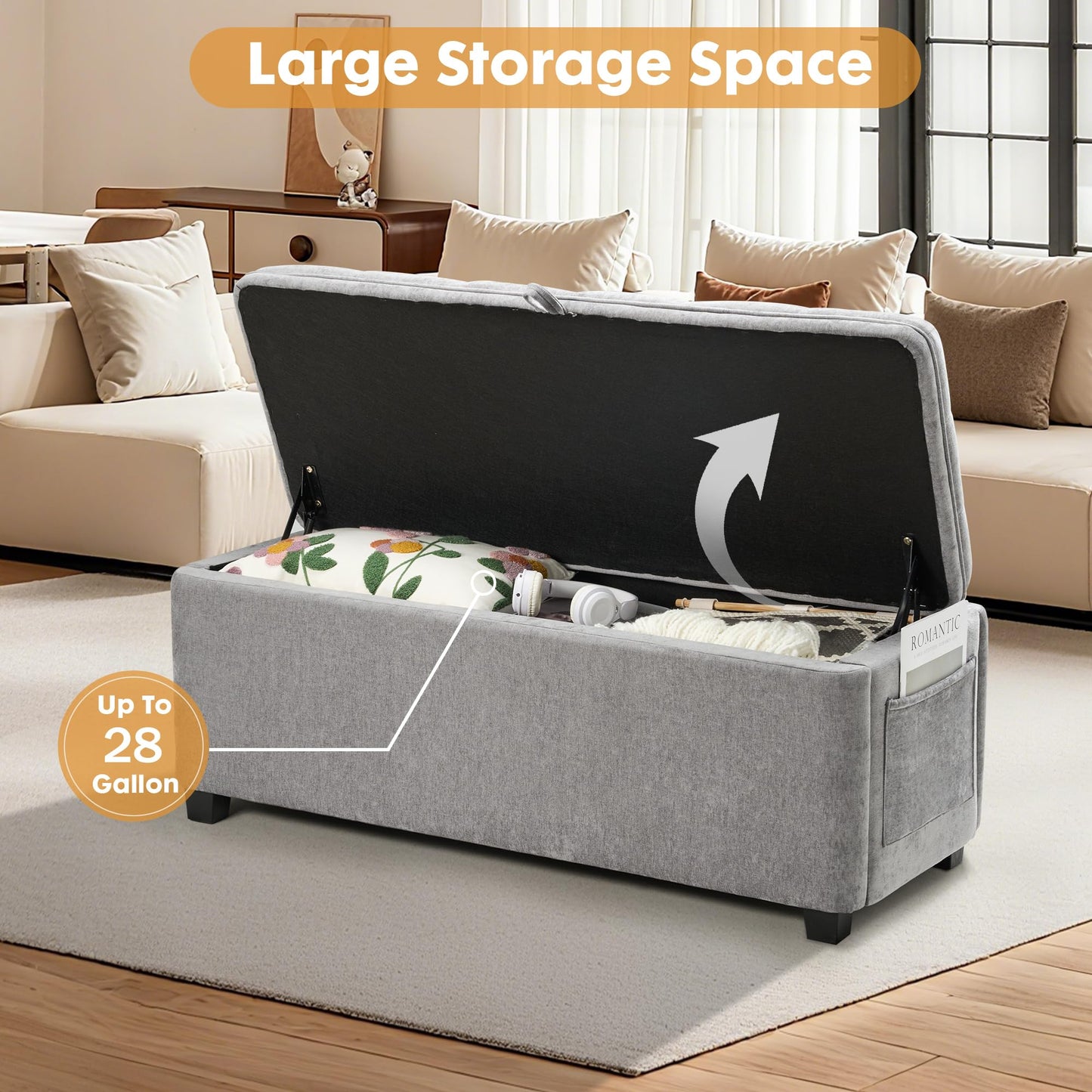 2BYF Storage Ottoman Bench with Lift Top, End of Bed Bench for Bedroom, Living Room & Entryway Storage Seat Shoe Bench with Storage (Gray)