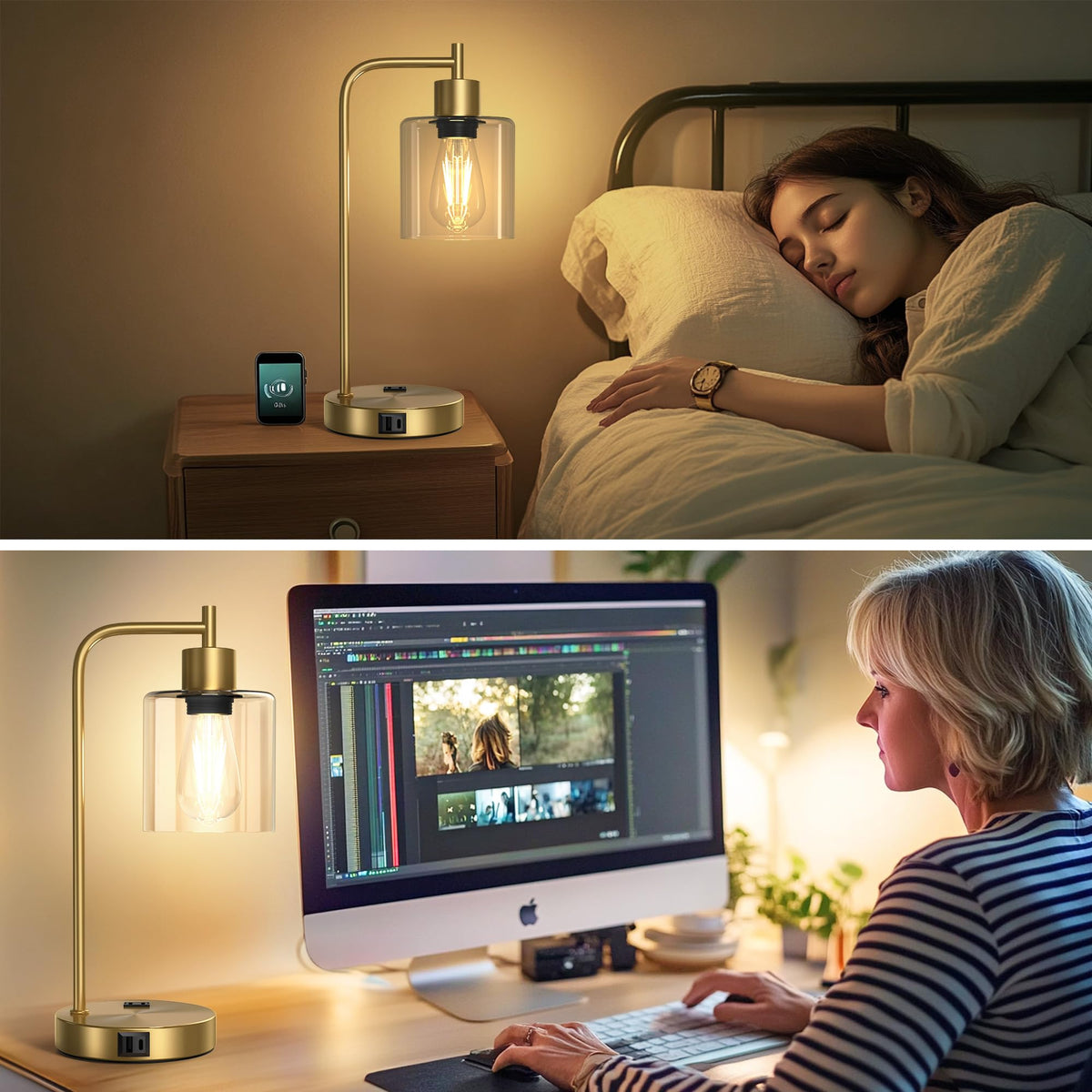QiMH Set of 2 Industrial Touch Control Table Lamps with 2 USB Ports and 2 AC Outlets, 3-Way Dimmable Bedside Nightstand Reading Lamps with 2700K LED Bulbs, Glass Desk Lamp for Living Room,Bedroom