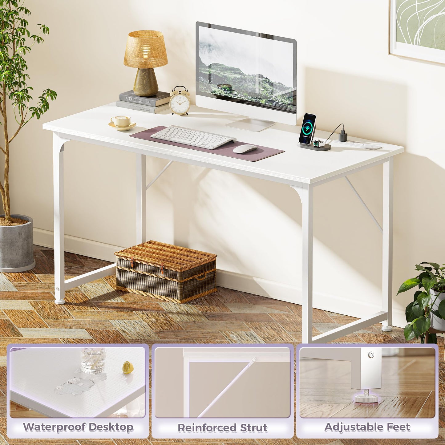 PRAISUN 47 X 20 Inch Office Computer Desk with Power Outlets and USB-C Port, Larger Gaming Desk, for Home Office, Study, Bedroom, Writing Work from Home Table, Metal Frame, White