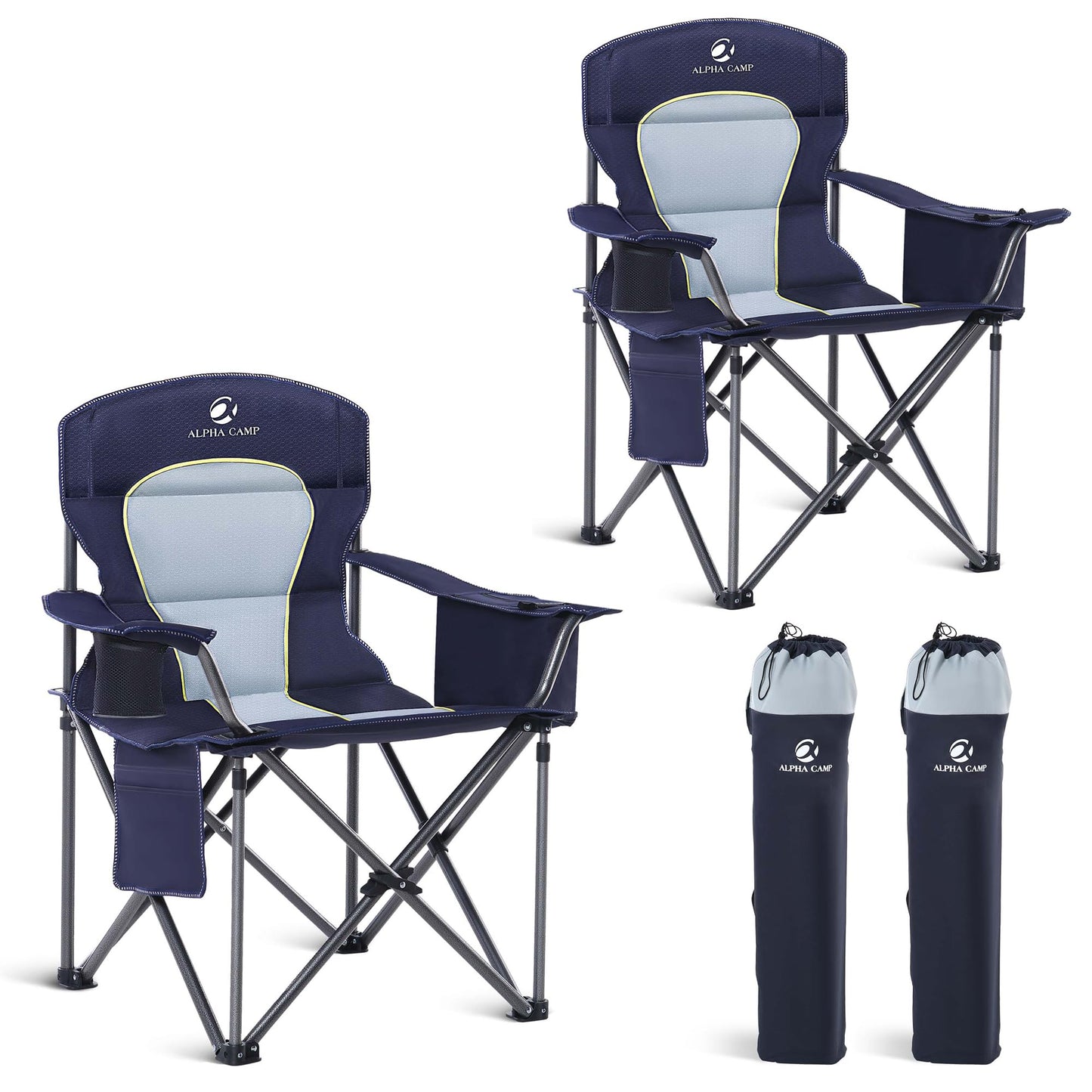 LET'S CAMP Oversized Folding Camping Chair Portable Outdoor Heavy Duty Padded Chairs Lawn Chair with Cup Holder, Storage Pocket and Cooler Bag, Supports 450LBS, for Camp, Travel, Picnic,2 Pack(Blue)
