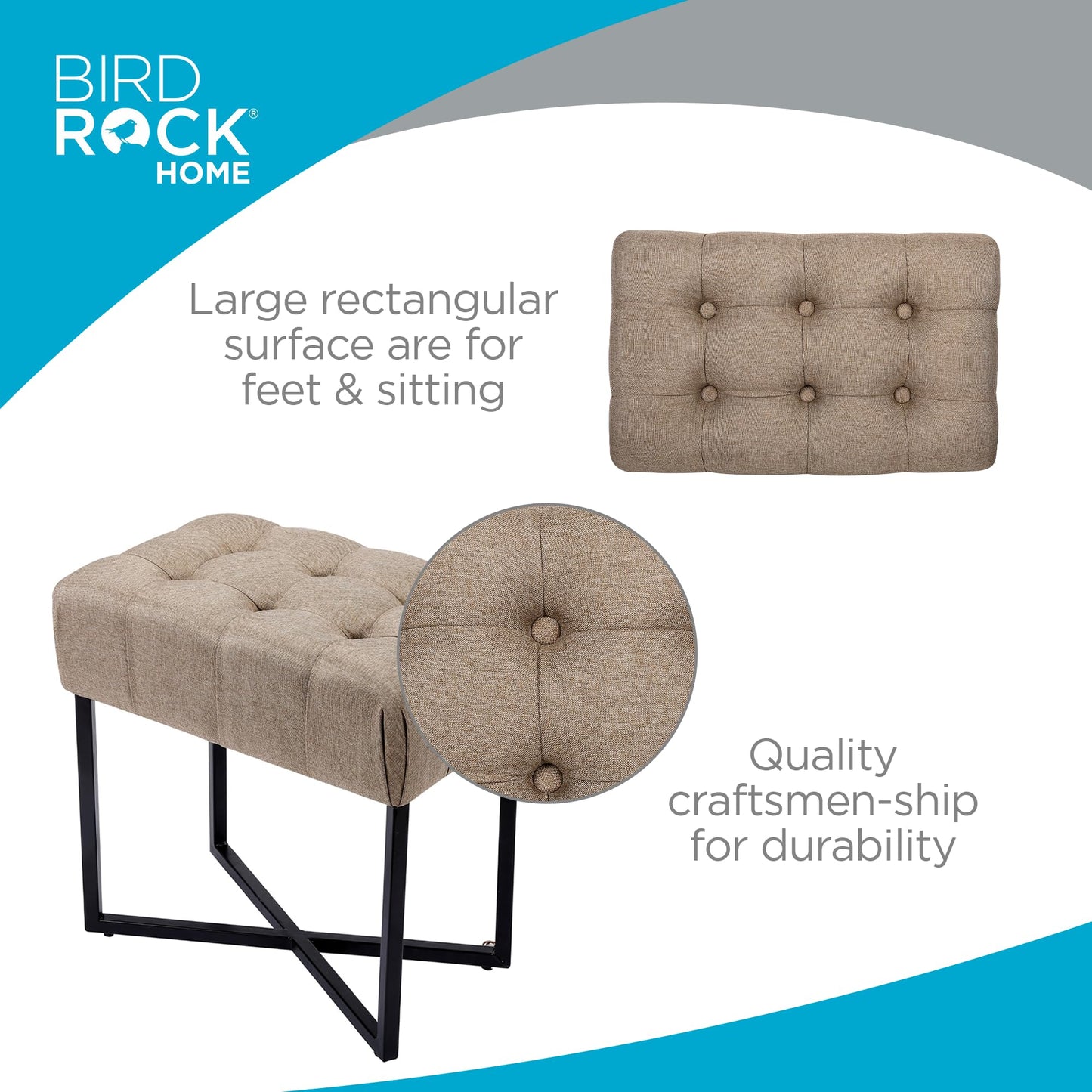 BIRDROCK HOME Rectangle Tufted Linen Ottoman Foot Rest - 19.7x11.82x17.73” Small Foot Stool with Legs - Padded Footrest Modern Ottomans for Living Room Furniture, Bedroom Footstool (Beige)