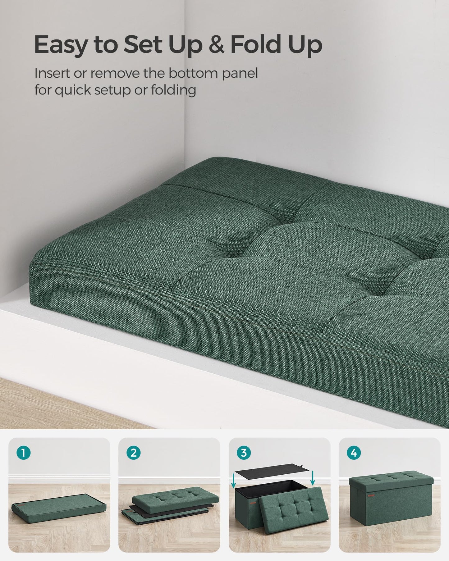 SONGMICS Mazie Collection - 30 Inches Folding Storage Ottoman Bench, Ottoman Foot Rest, End of Bed Bench, Storage Chest, Load 660 lb, for Living Room, Bedroom, Entryway, Retro Green ULSF047C01