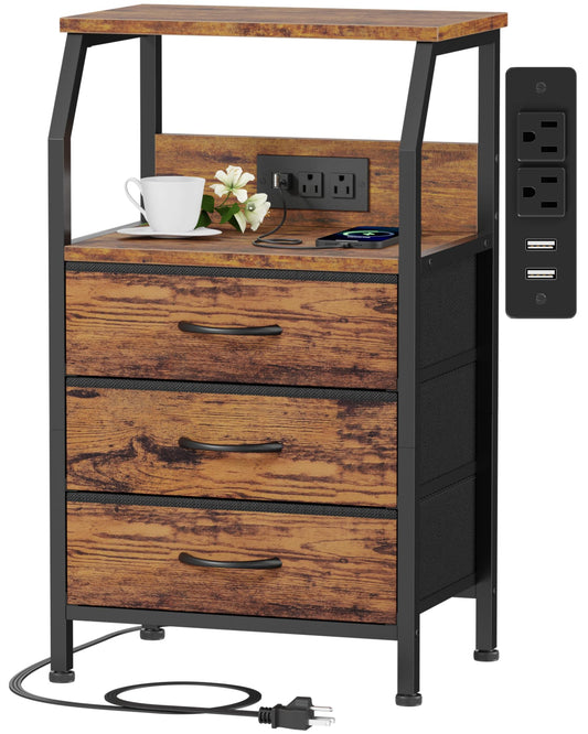 Furnulem Night Stand with Charging Station, USB Ports and Outlets, 28.3 Inch Tall Bedside Table with Wood Shelf, 3 Fabric Drawers Side Table for Bedroom, 3 Ways to Use, Rustic Brown