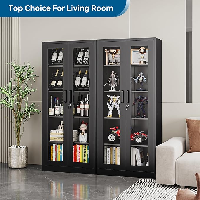 PEUKC Display Cabinet with Glass Doors, 71 Inches Metal Display Case with 4