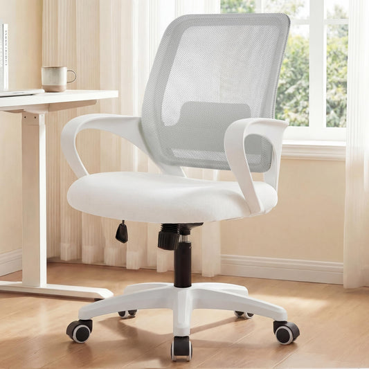 NEO Chair Office Desk Computer Ergonomic Chair Comfy Mid Back Mesh Seat with Lumbar Support Adjustable Height Swivel Rolling Wheels for Home Task Vanity Study Bedroom (Ivory-White Frame)